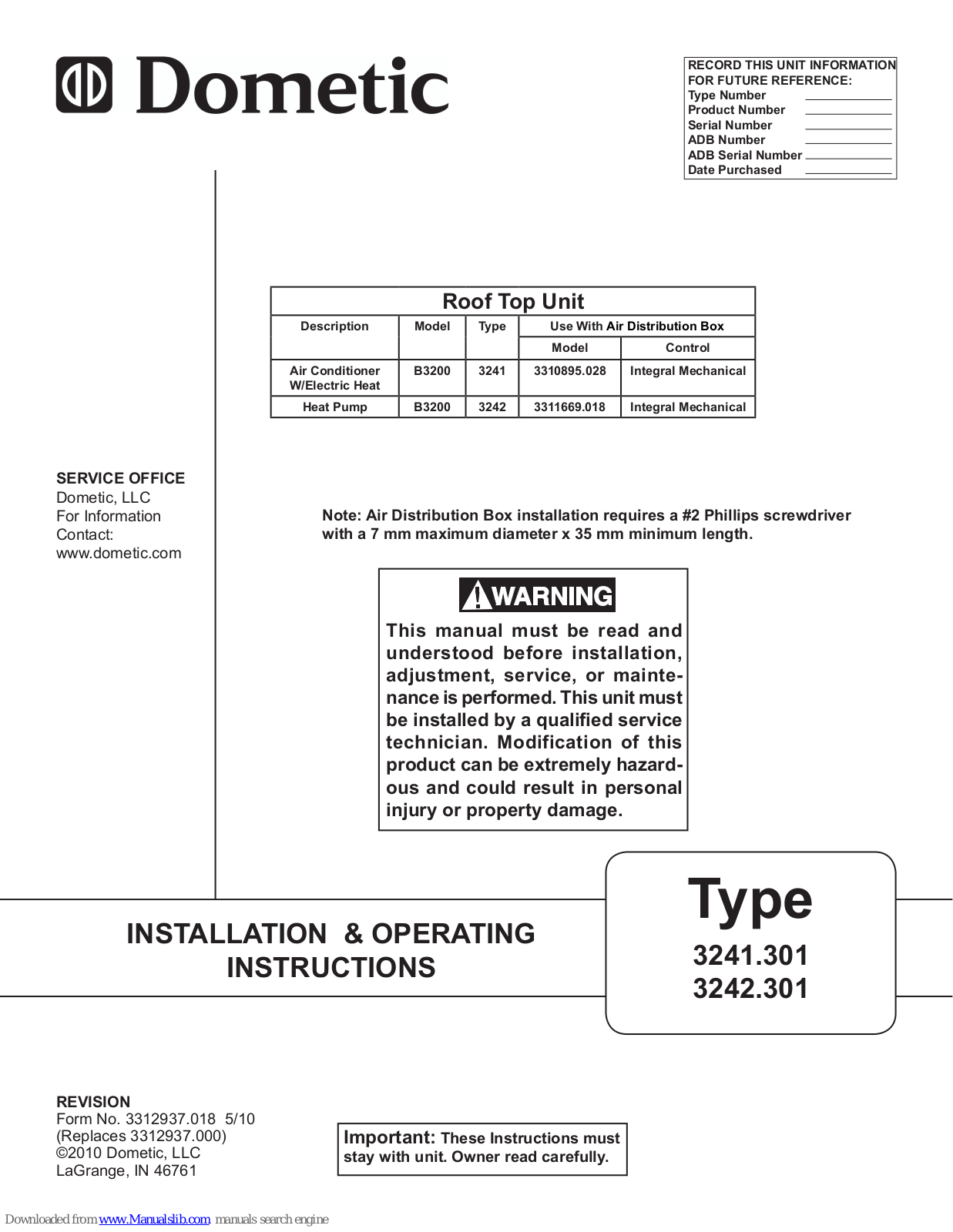 Dometic 3241.301, 3242.301 Installation & Operating Instructions Manual