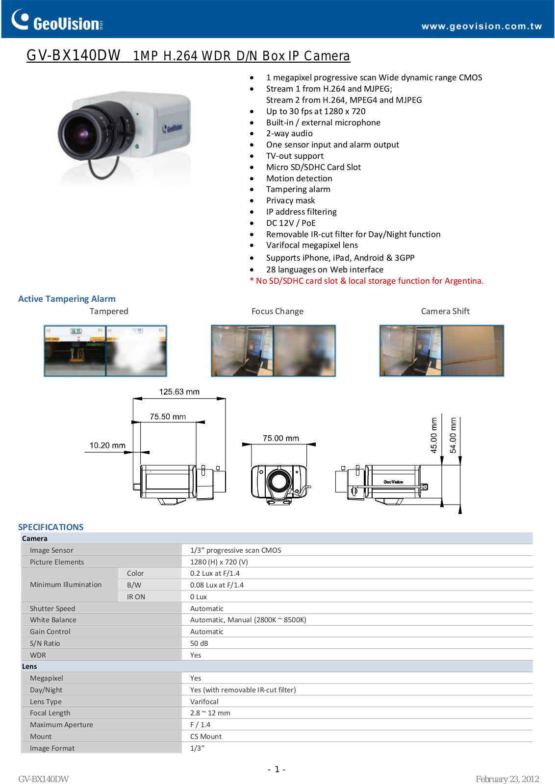 Geovision GV-BX140DW Specsheet