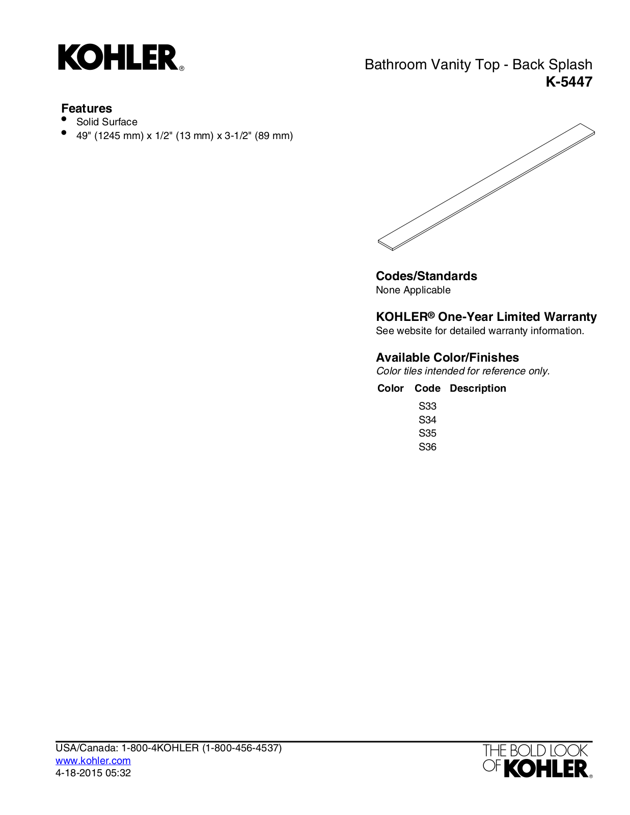 Kohler KOH20419 Specifications - ManualMachine.com