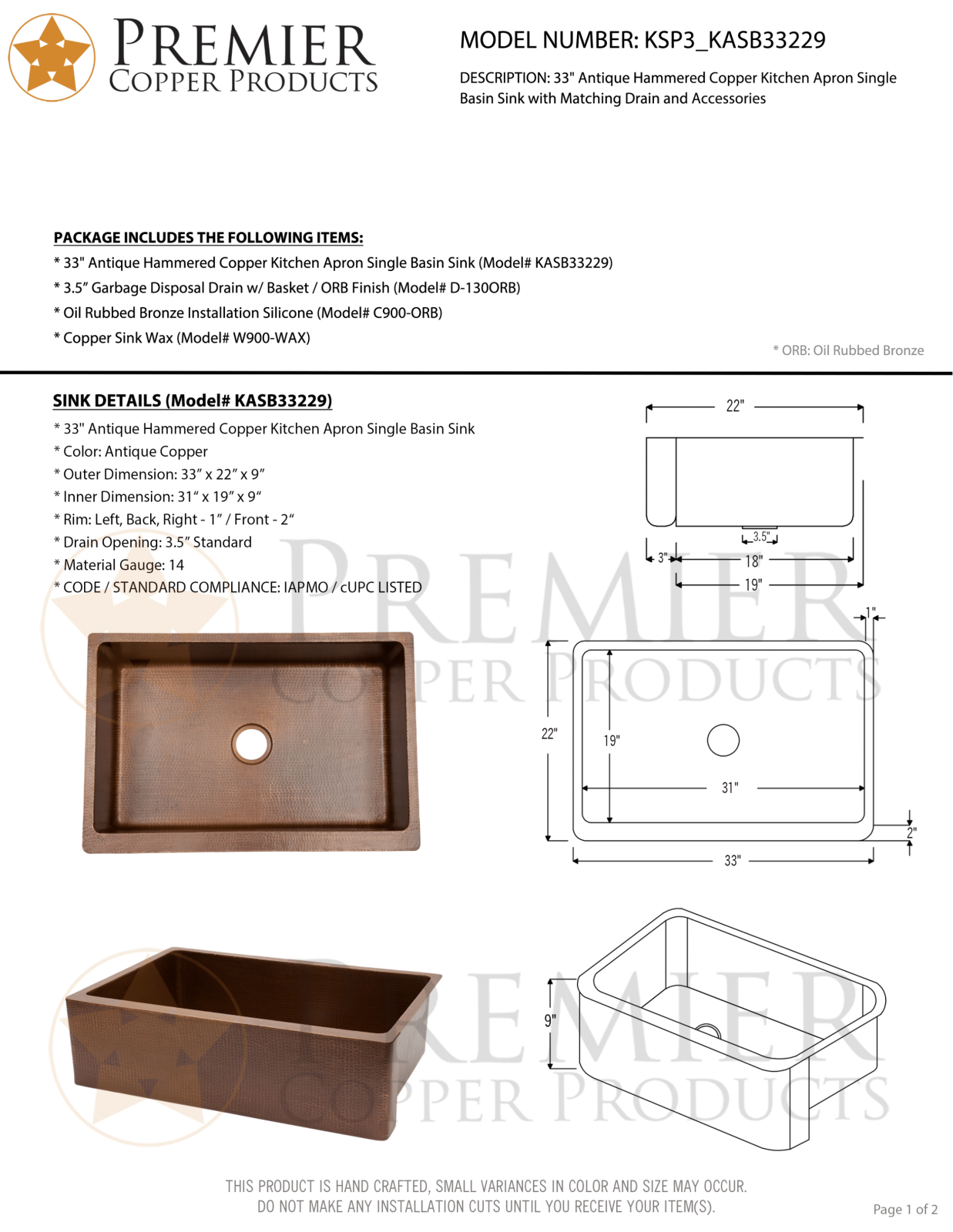 Premier Copper Products IER1574 Specifications - ManualMachine.com