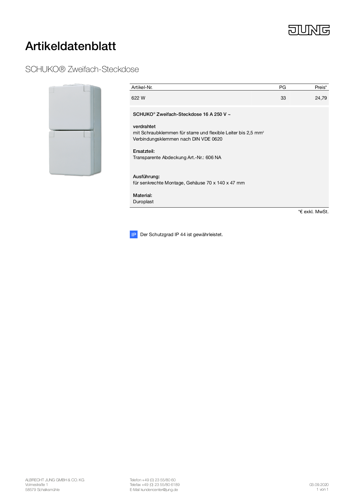 Jung 622 W Technical data