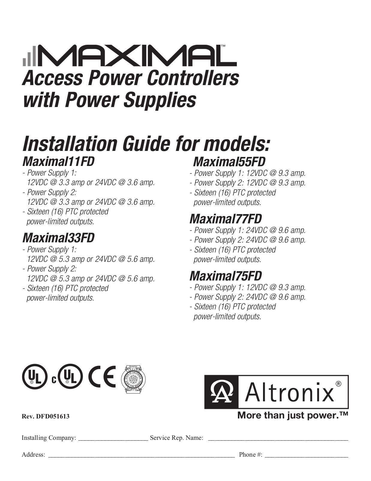 Altronix MAXIMAL77FD, MAXIMAL75FD, MAXIMAL55FD, MAXIMAL33FD, MAXIMAL11FD User Manual