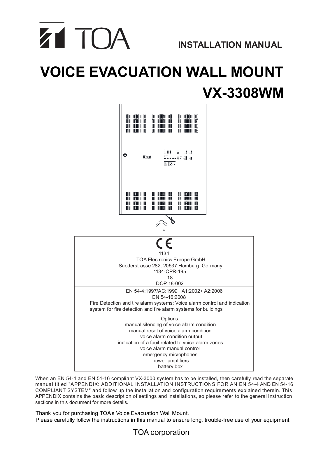 Toa VX-3308WM Installation Manual