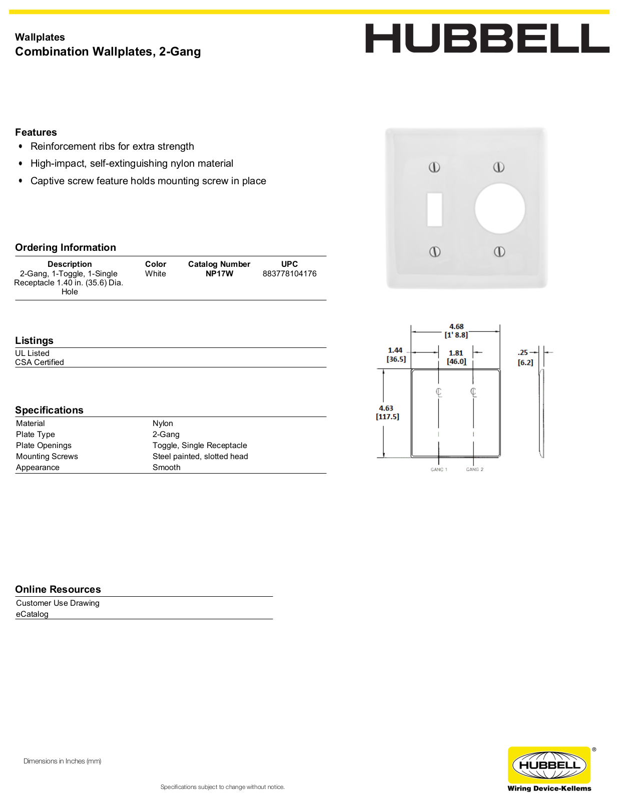 Hubbell NP17W Specifications