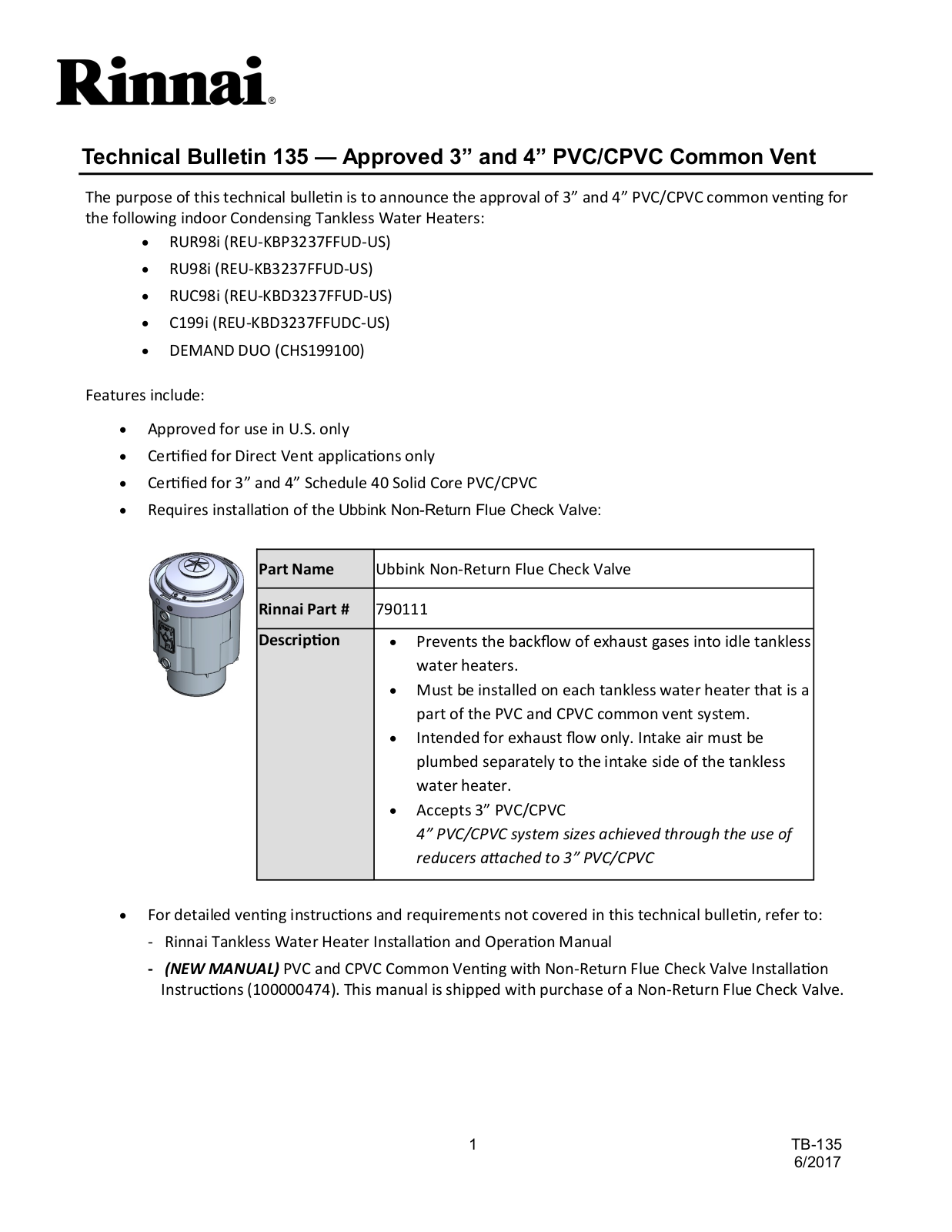 Rinnai RUR98i, RU98i, RUC98i, C199i, CHS199100 Technical Bulletin