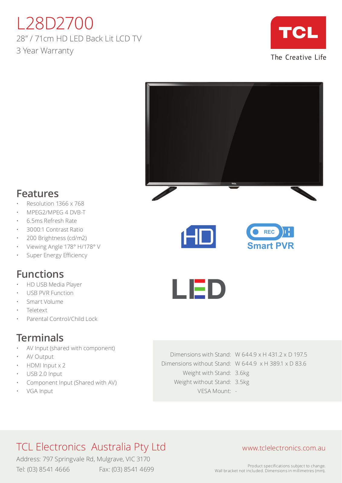 TCL L28D2700 Specifications Sheet