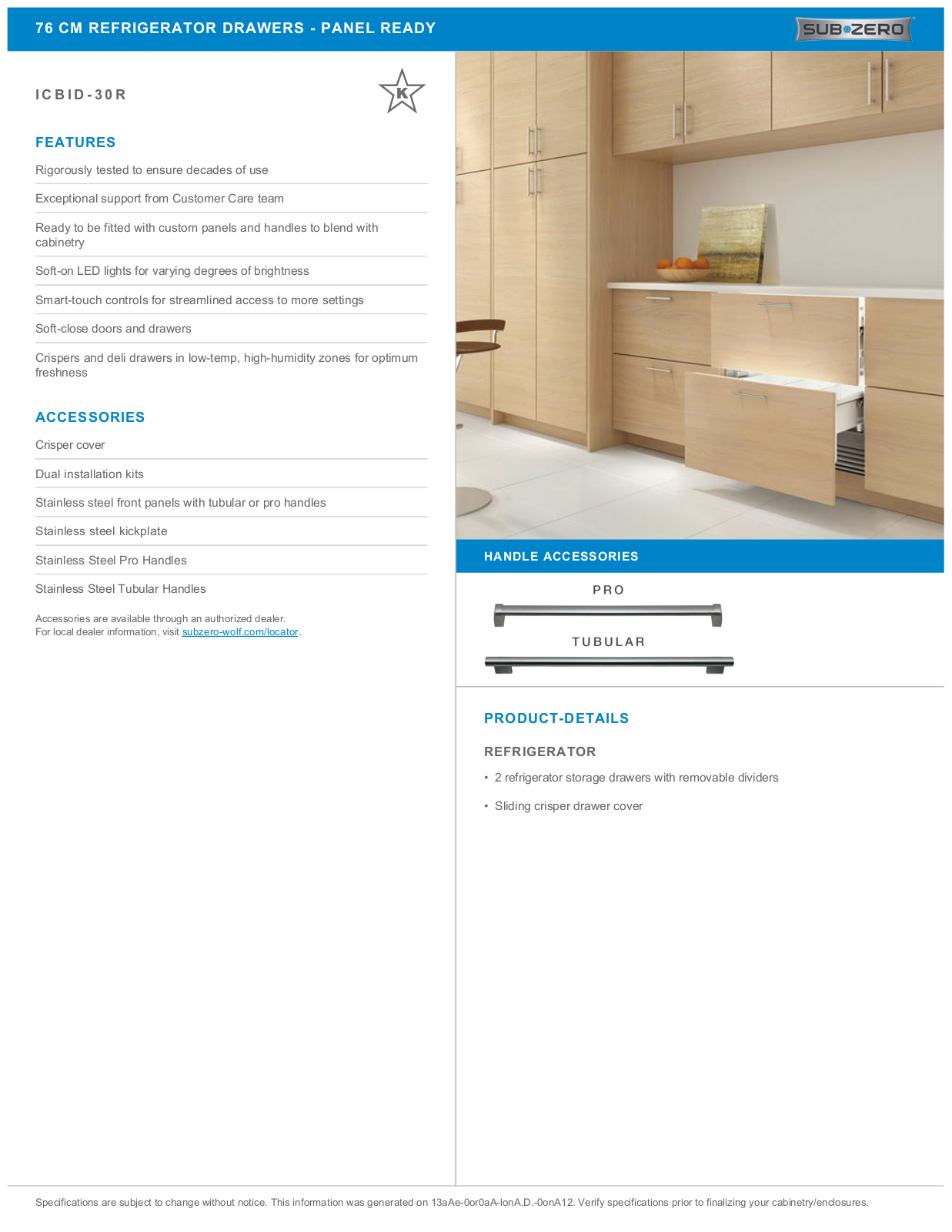 Sub-Zero ICBID30R Specifications Sheet