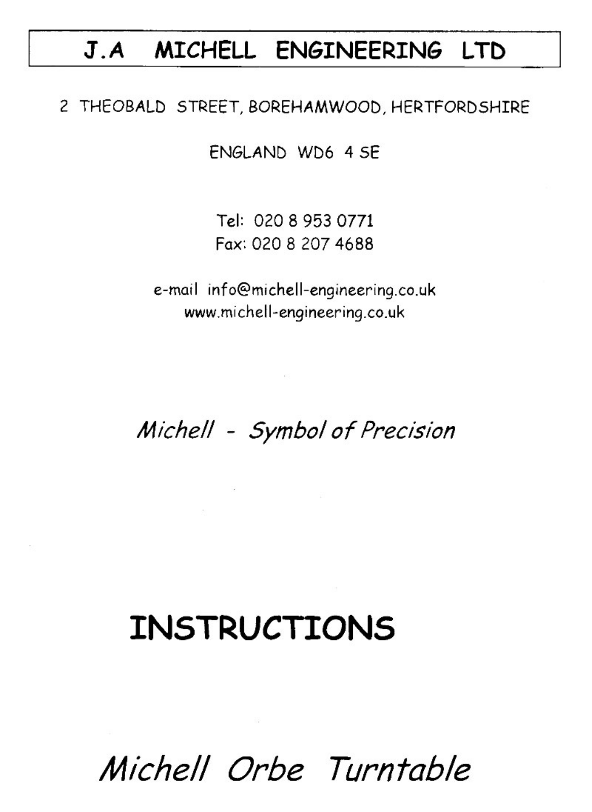 Michell Engineering Orbe Owners manual - ManualMachine.com