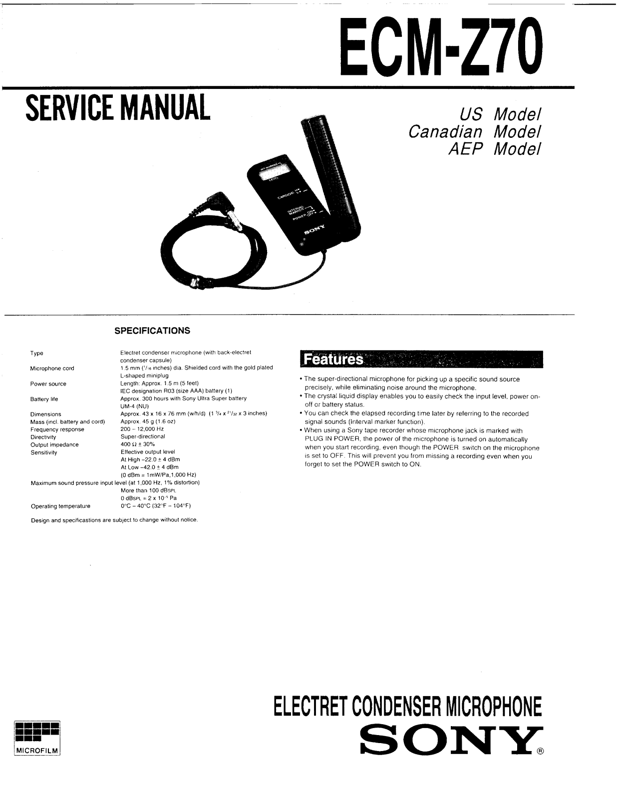 Sony ECMZ-70 Service manual