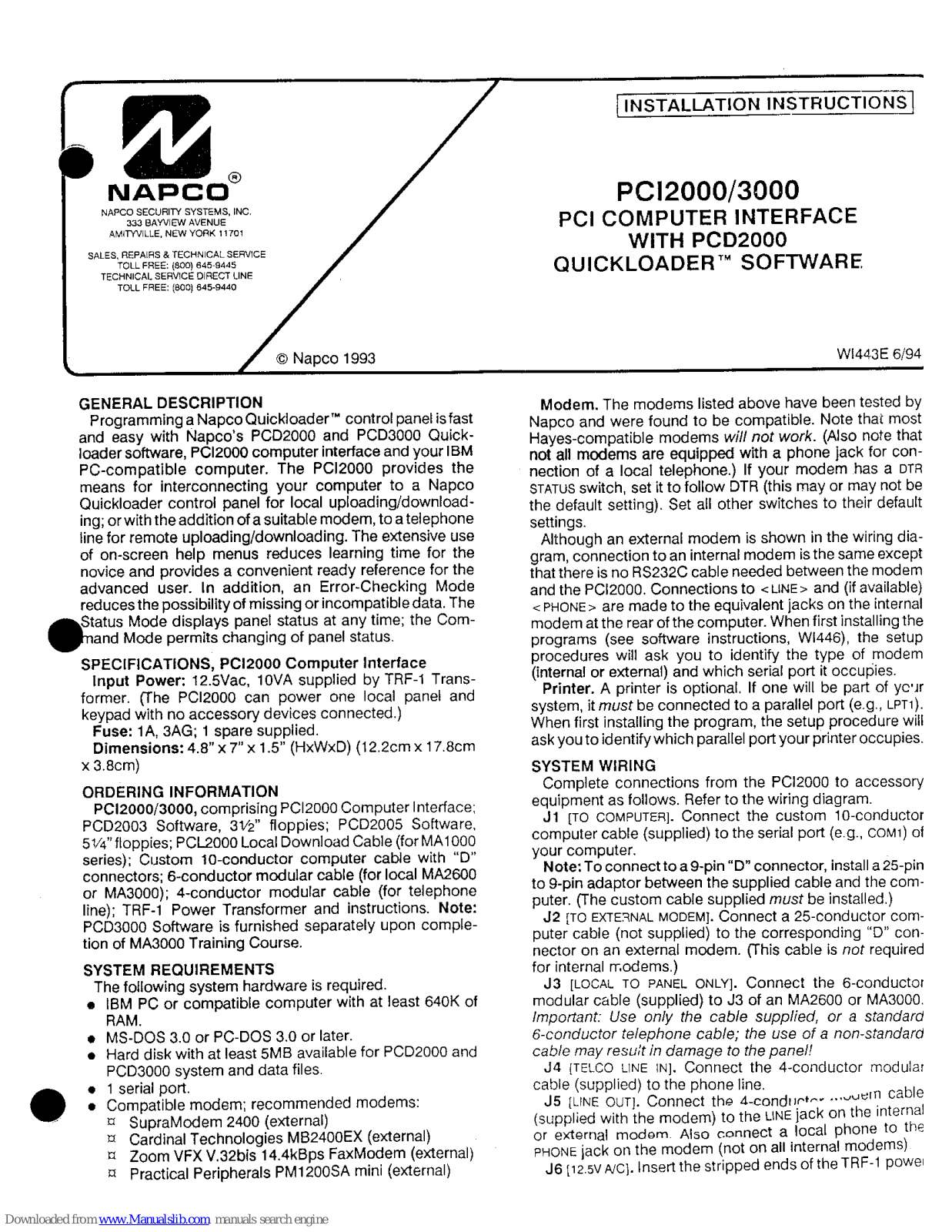 NAPCO PCI2000, PCI3000 Installation Instructions Manual