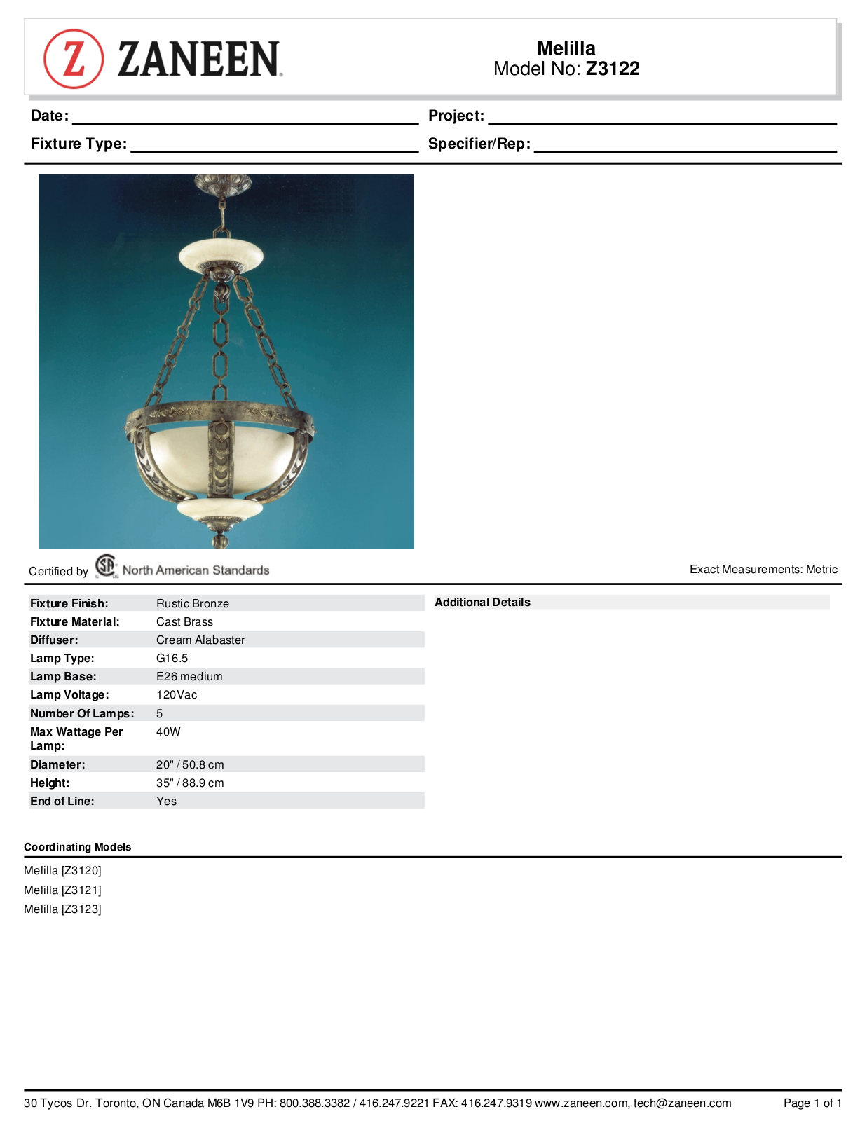 Zanin Lighting Inc. ZN1637 Specifications - ManualMachine.com
