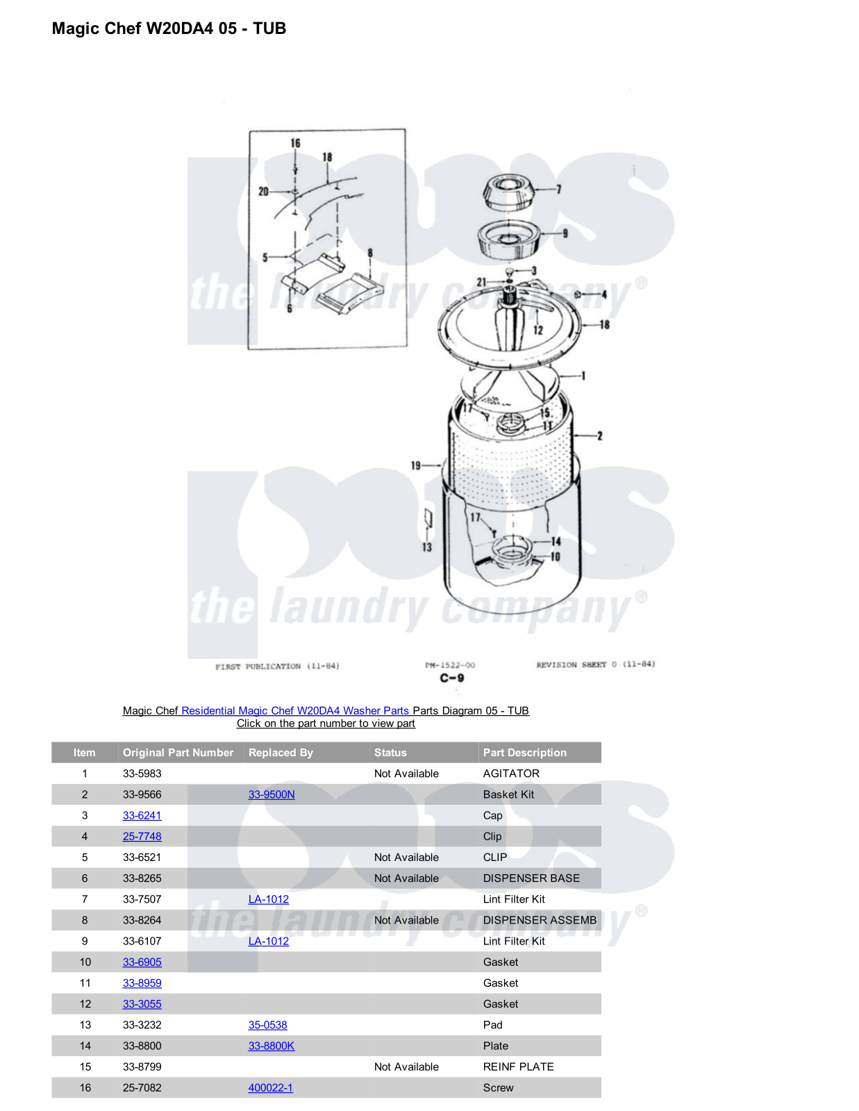 Magic Chef W20DA4 Parts Diagram