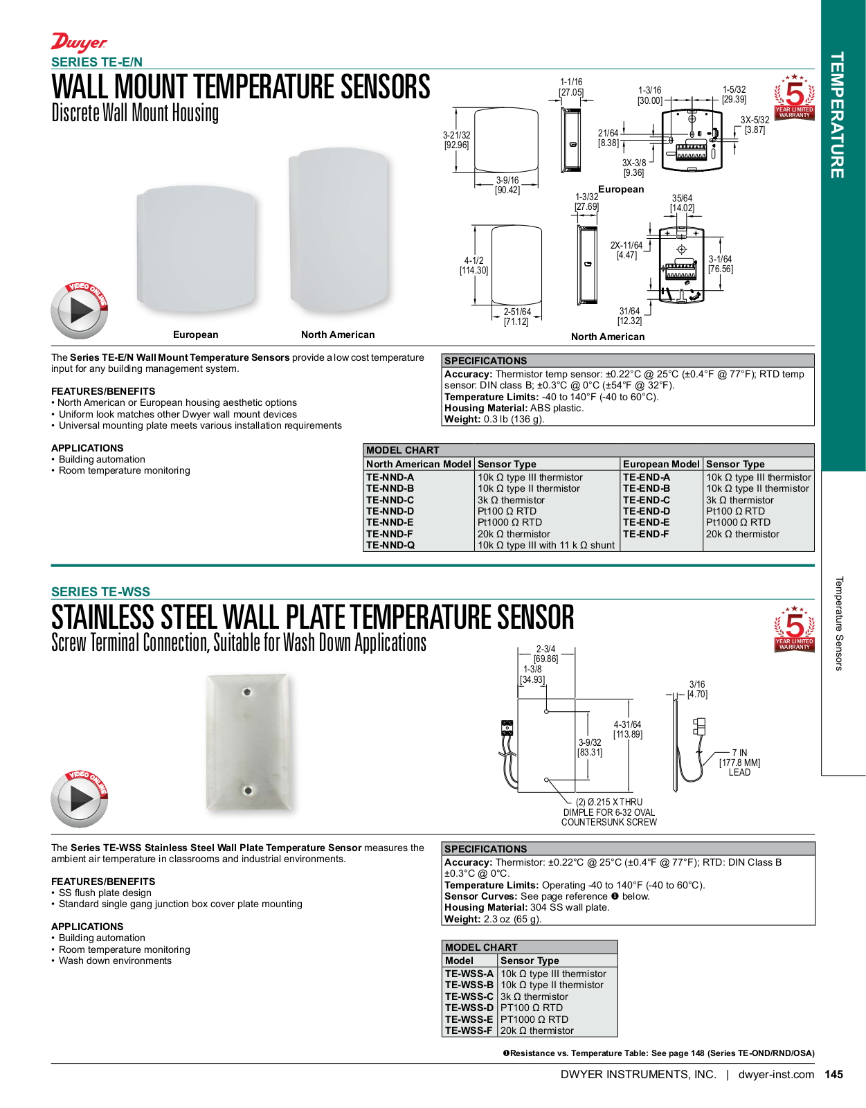 Dwyer Instruments SERIES TE-E, SERIES TE-N Catalog Page