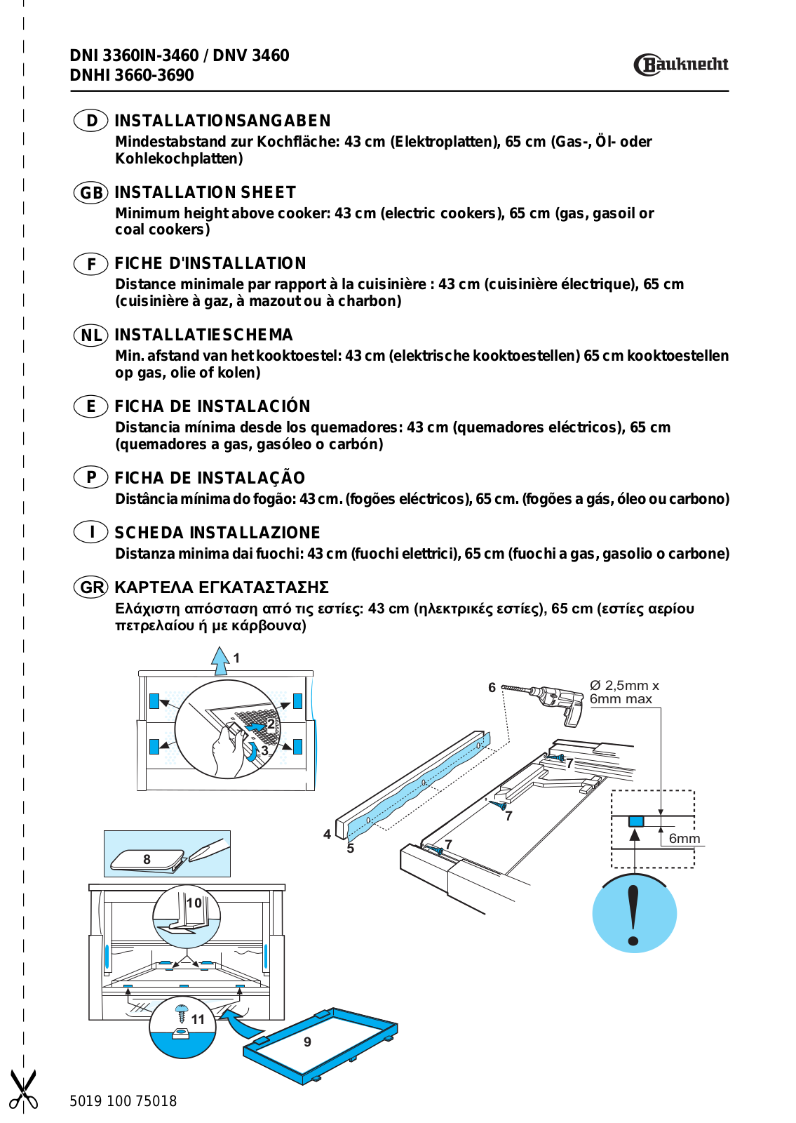 bauknecht DNI 3360IN, DNHI 3660, DNI3460, DNV 3460, DNHI3690 INSTALLATION SHEET