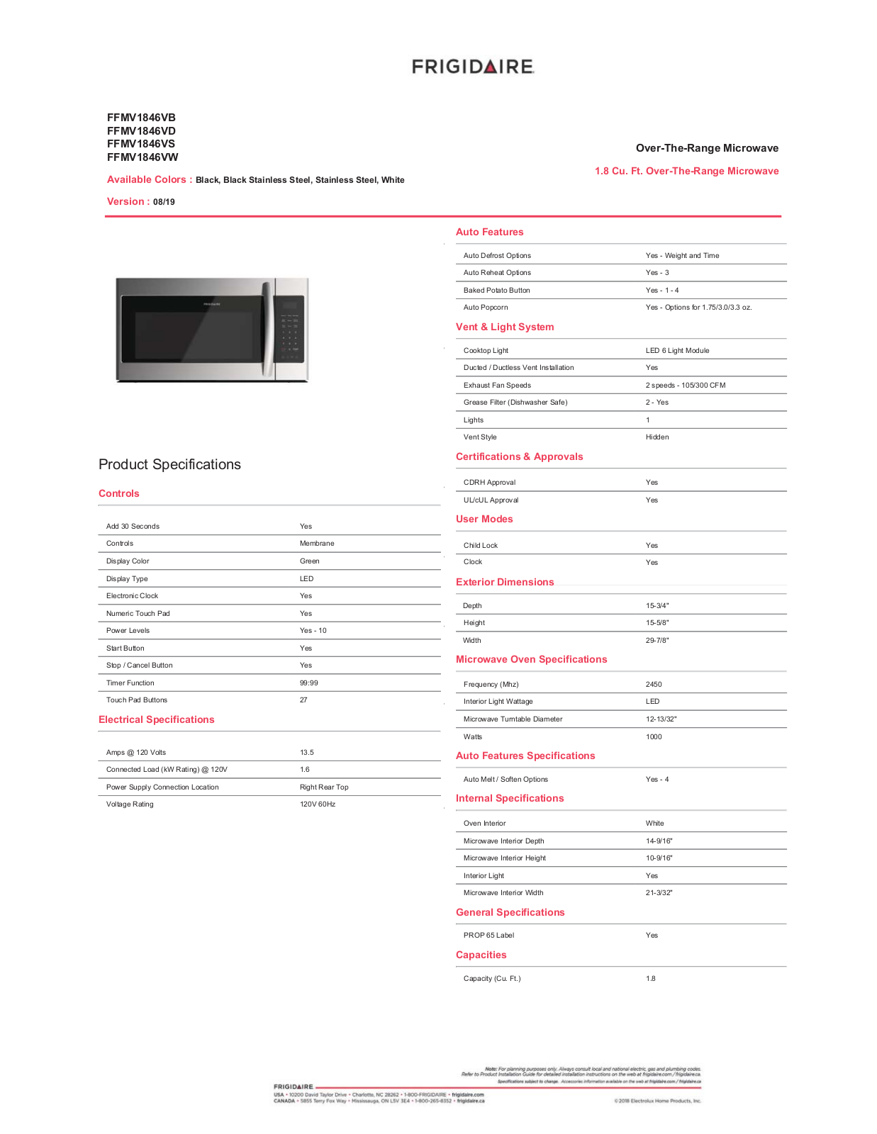 Frigidaire FFMV1846VS Specifications