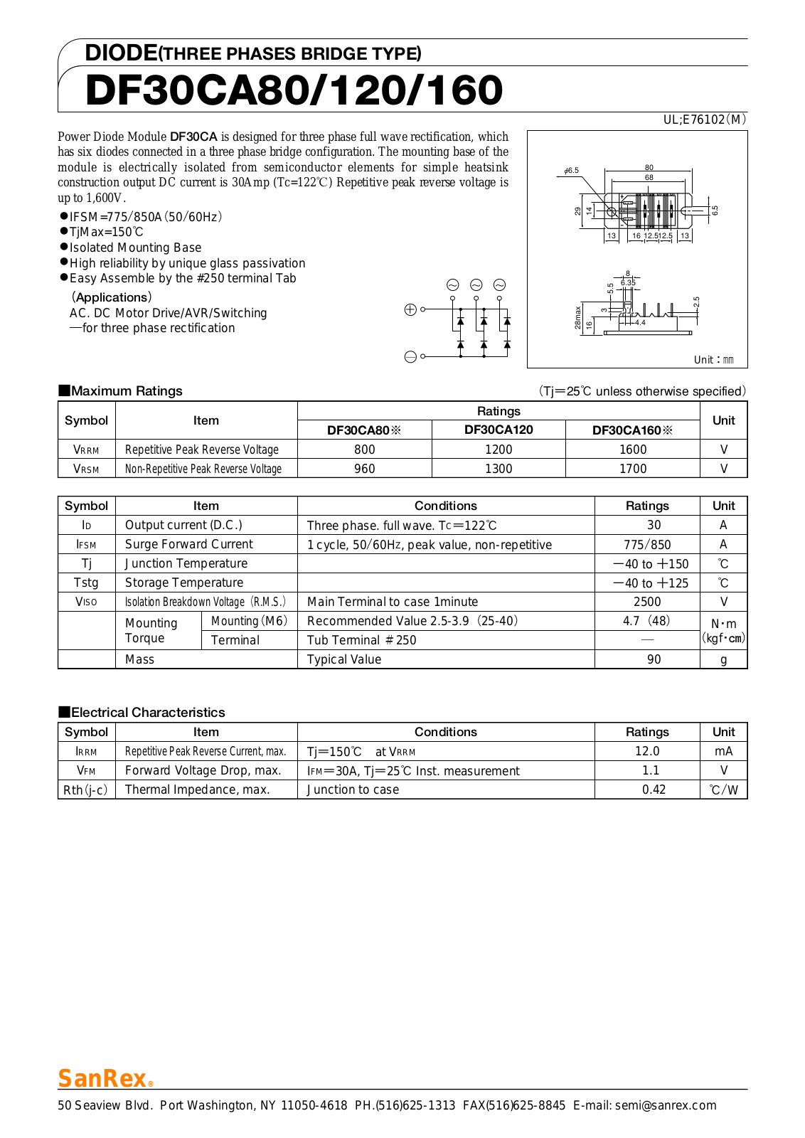 Sanrex-Sansha Electric Manufacturing DF30CA80, DF30CA120, DF30CA160 Data Sheet