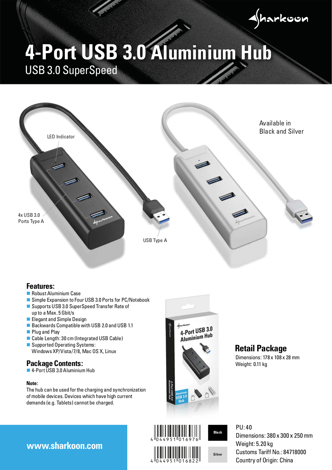 Sharkoon 4-Port USB 3.0 Aluminium Hub User Manual