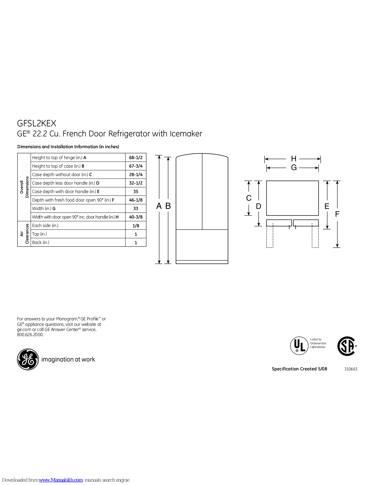 GE GFSL2KEXLS Dimensions And Installation Information