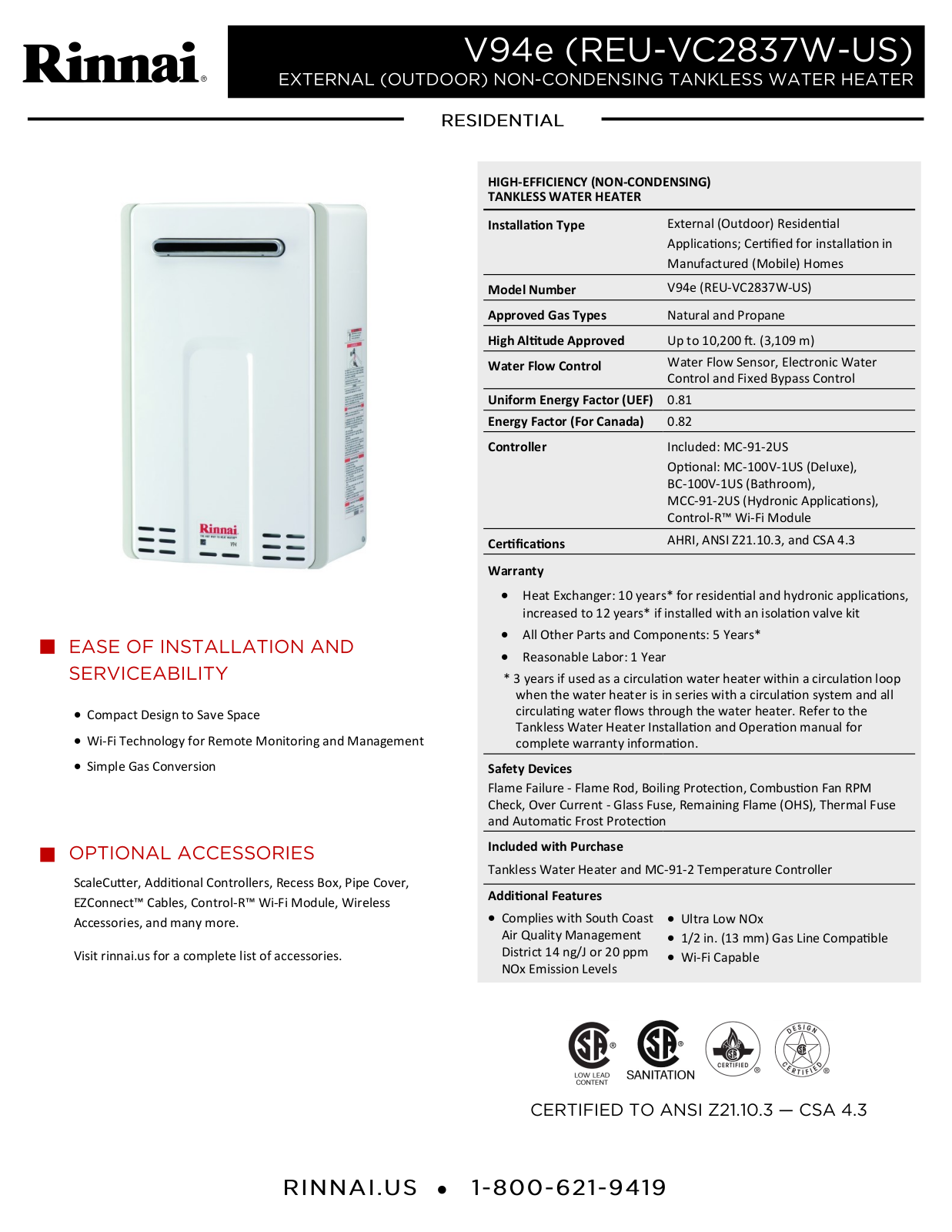 Rinnai Water Heater V94eN Specifications