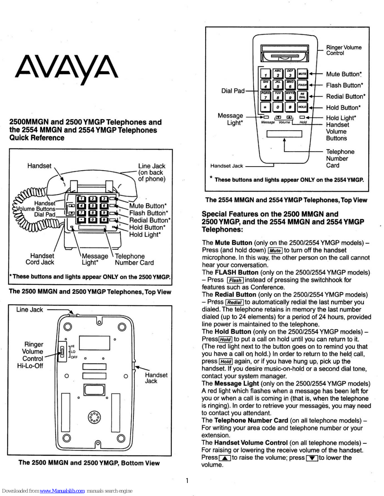 Avaya Lucent 2500 MMGN, 2500 YMGP, 2554 YMGP, 2554 MMGN, 2254 YMGP Quick Reference Manual