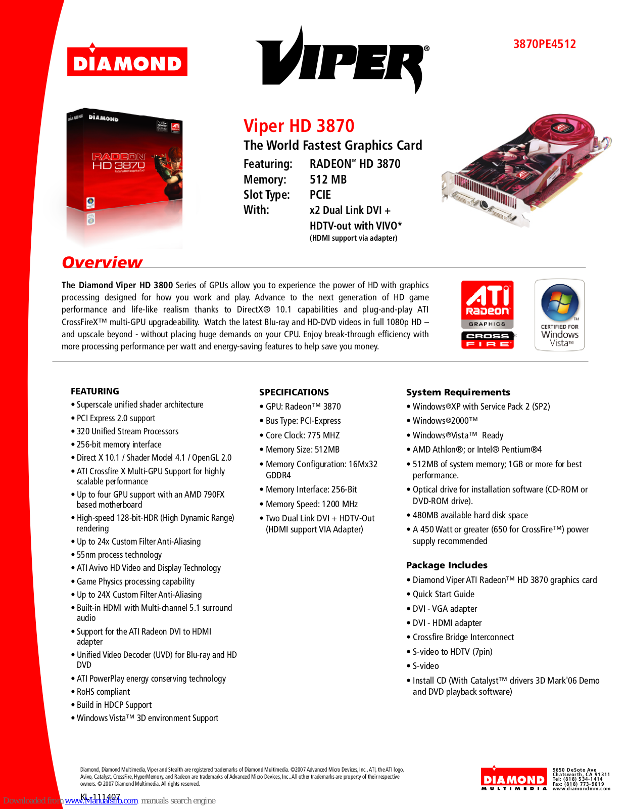 Diamond Multimedia Radeon 3870PE4512, Radeon HD 3870, Viper HD 3870, Viper 3870PE4512 Specification Sheet