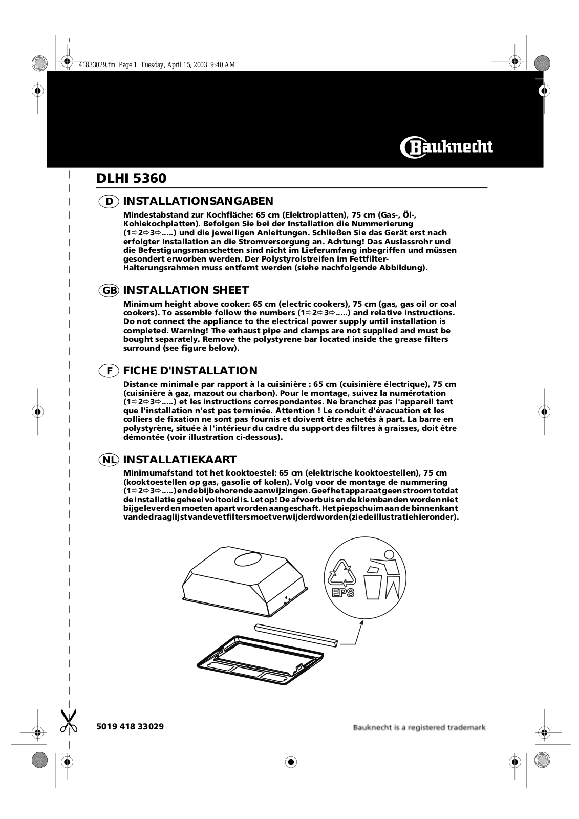 Whirlpool DLHI 5360 INSTALLATION SHEET