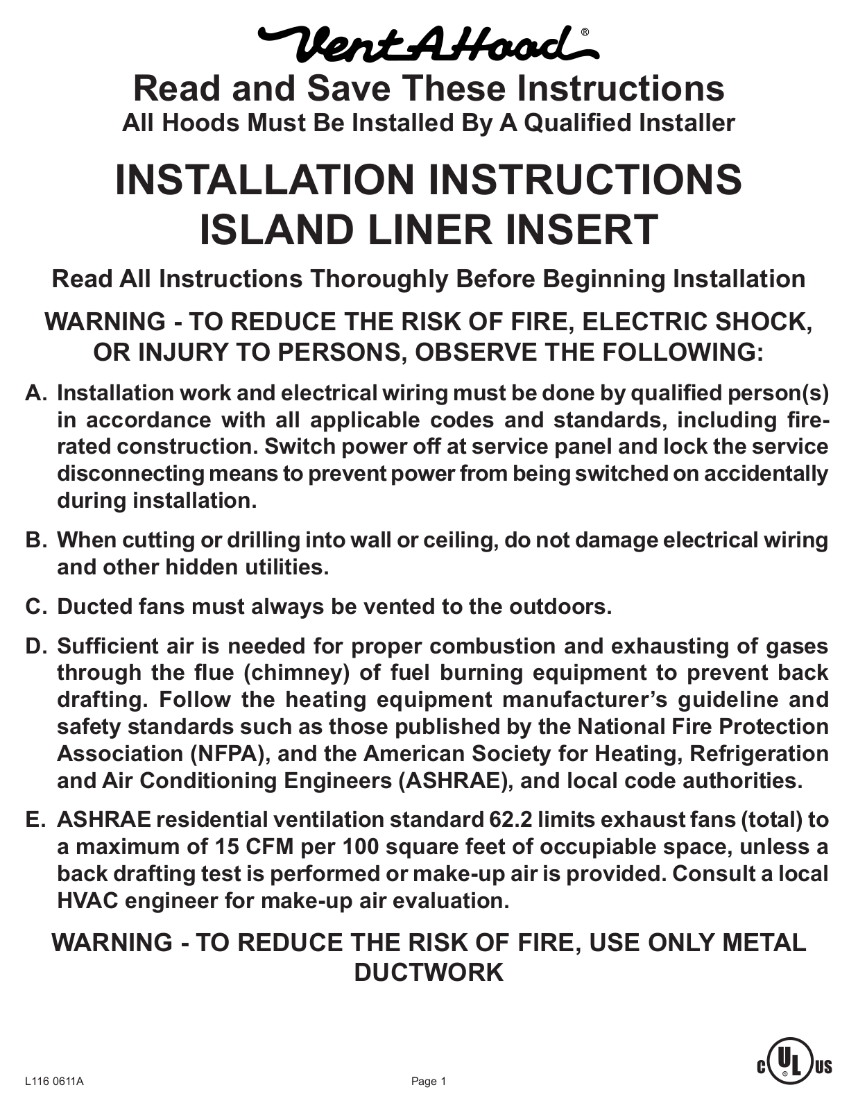 Vent-A-Hood TH248SLESS, TH454PSLESS Installation Manual