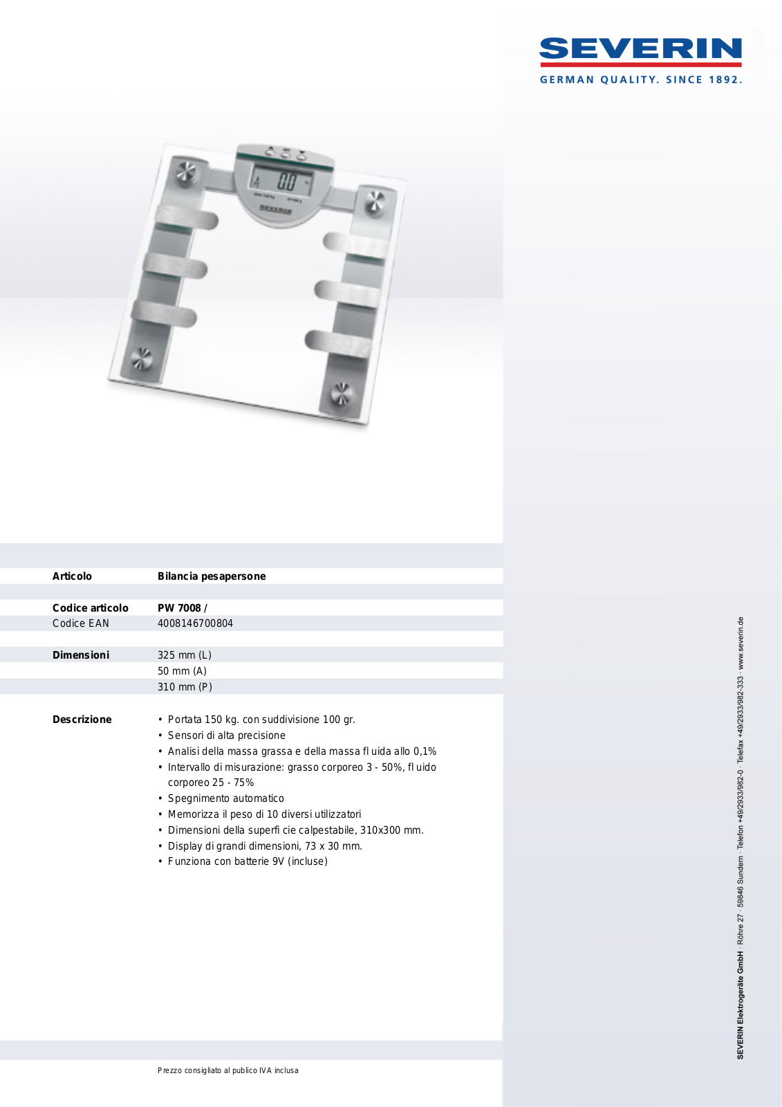 Severin PW 7008 DATASHEET