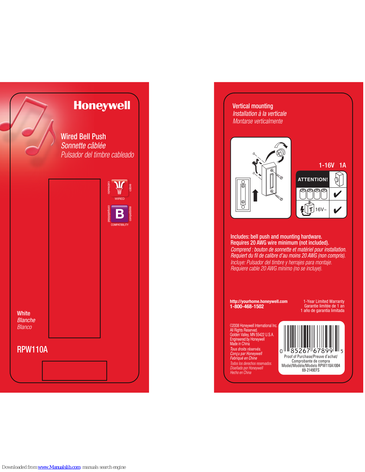 Honeywell RPW110A Mounting Instruction