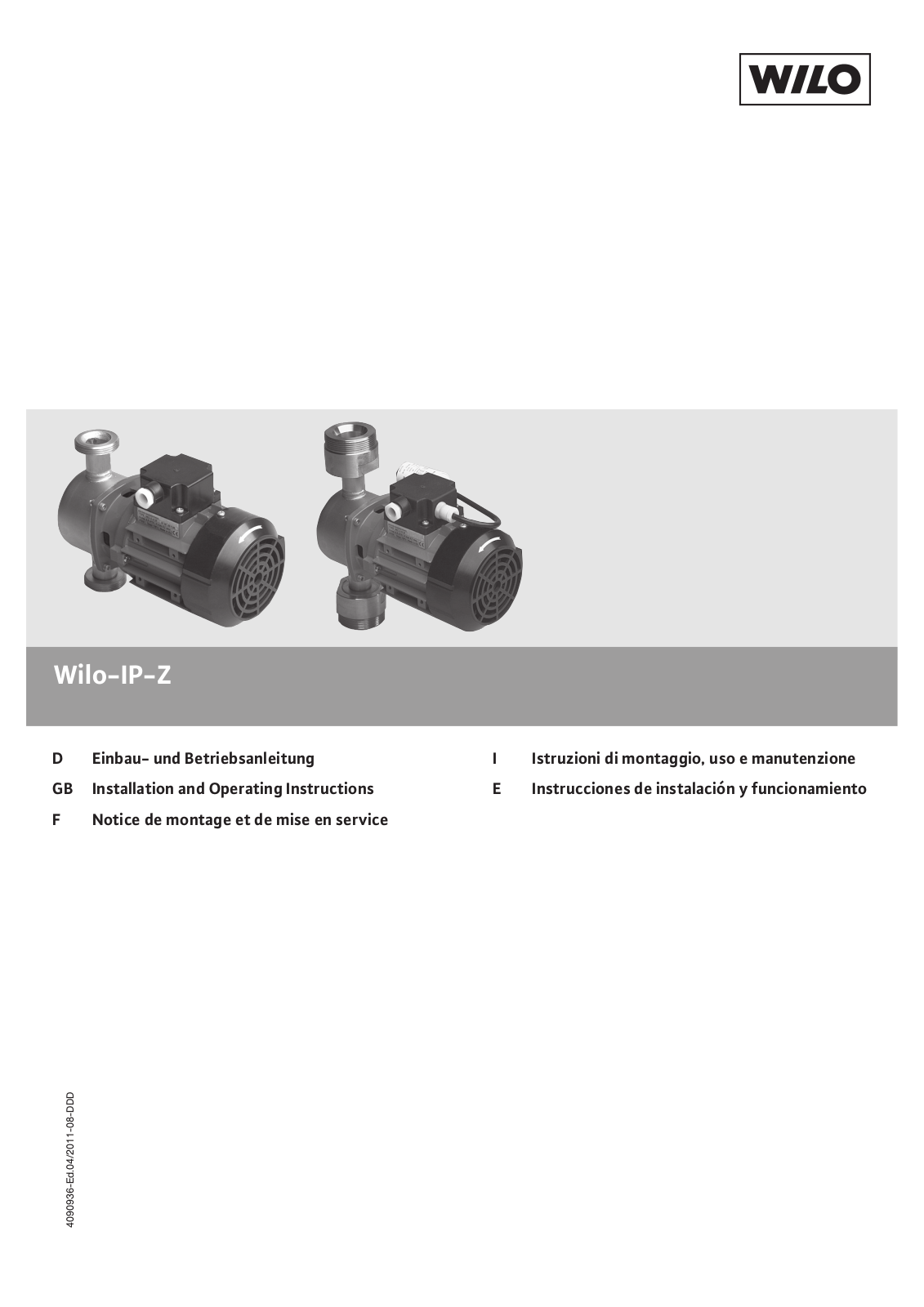 Wilo IP-Z 25/2, IP-Z 25/6 Installation And Operating Instructions Manual