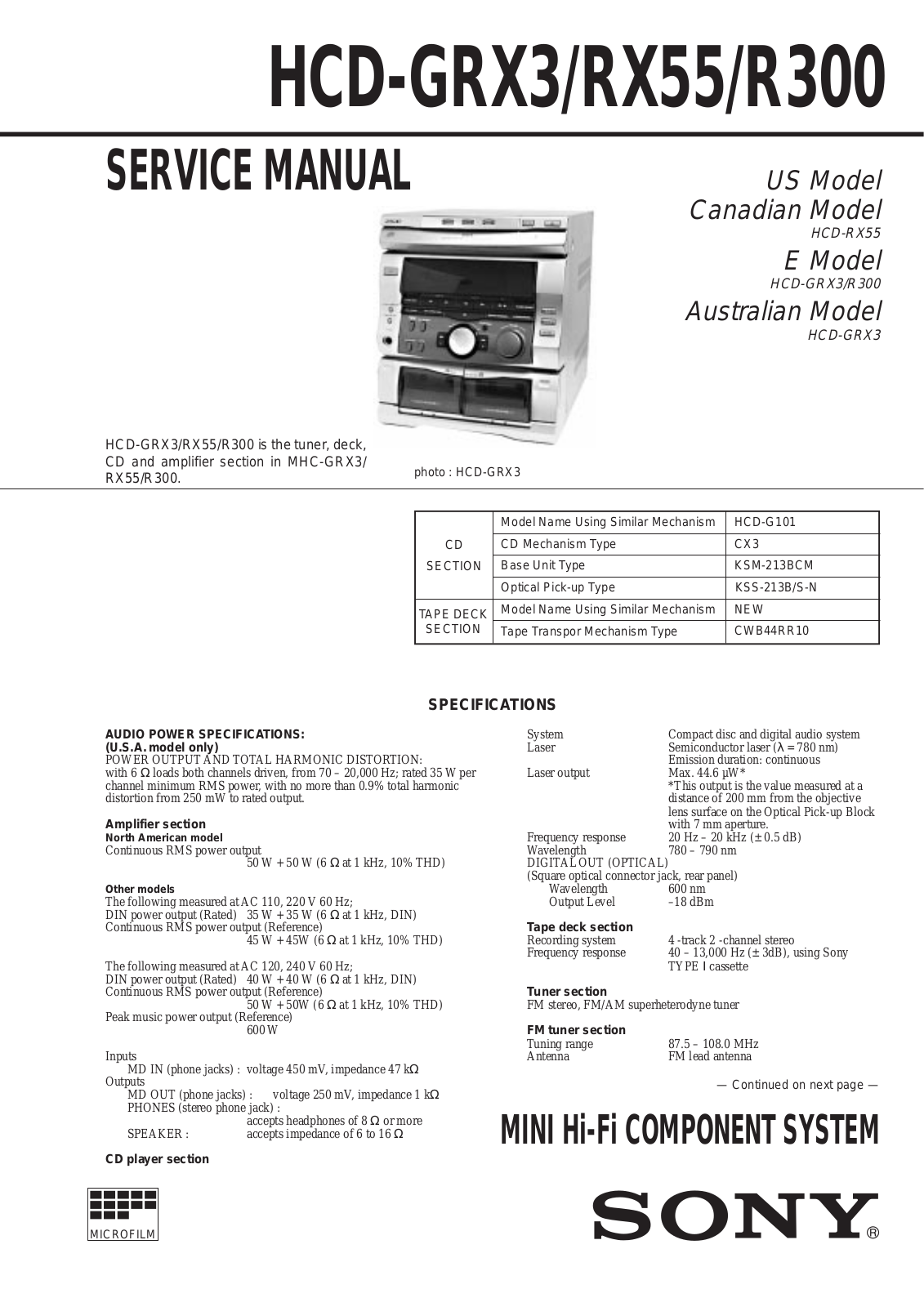 Sony HCD-GRX3, HCD-RX55, HCD-R300 Service Manual