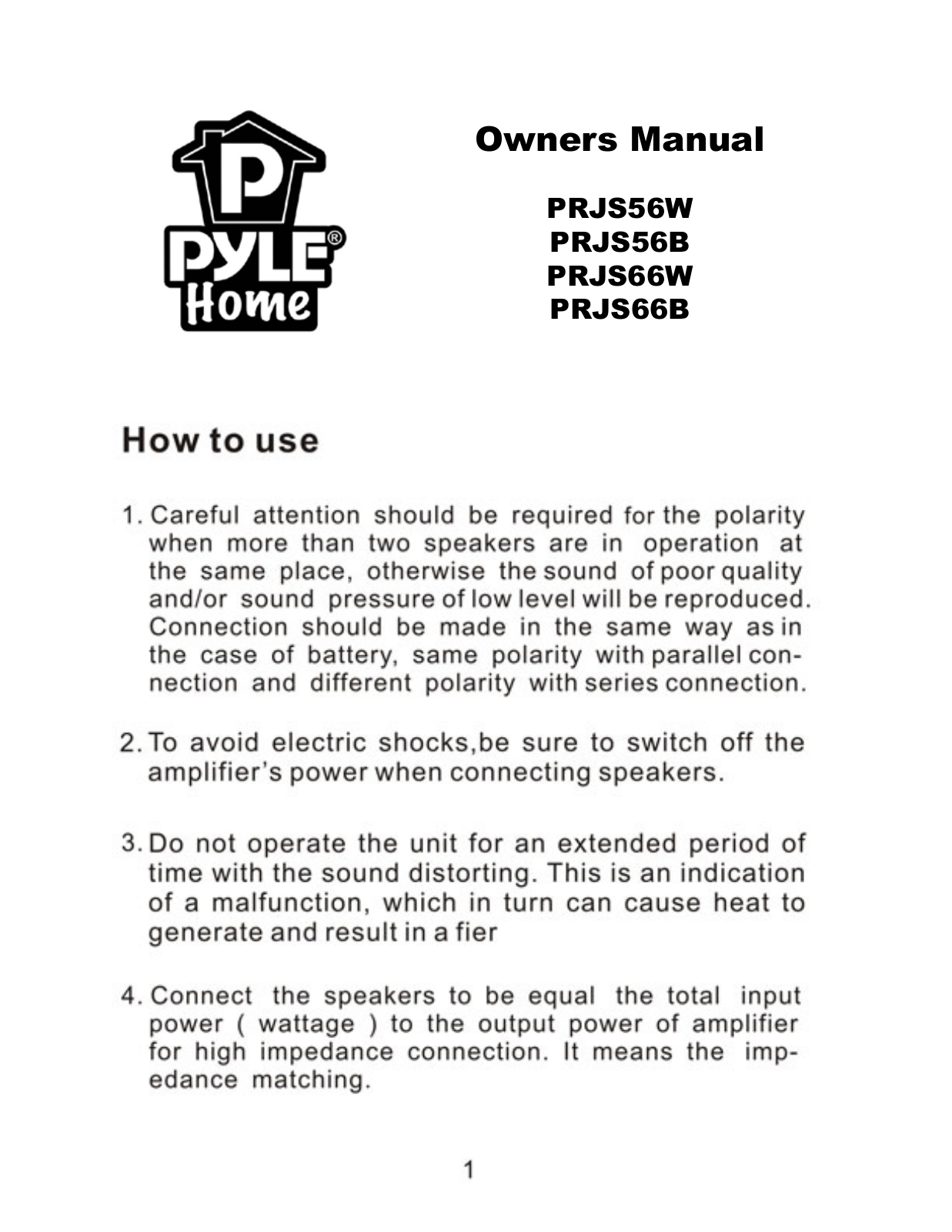 PYLE Audio PRJS66W, PRJS56W, PRJS56B, PRJS66B User Manual