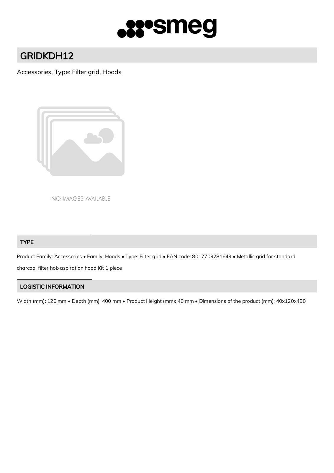 Smeg GRIDKDH12 Technical sheet