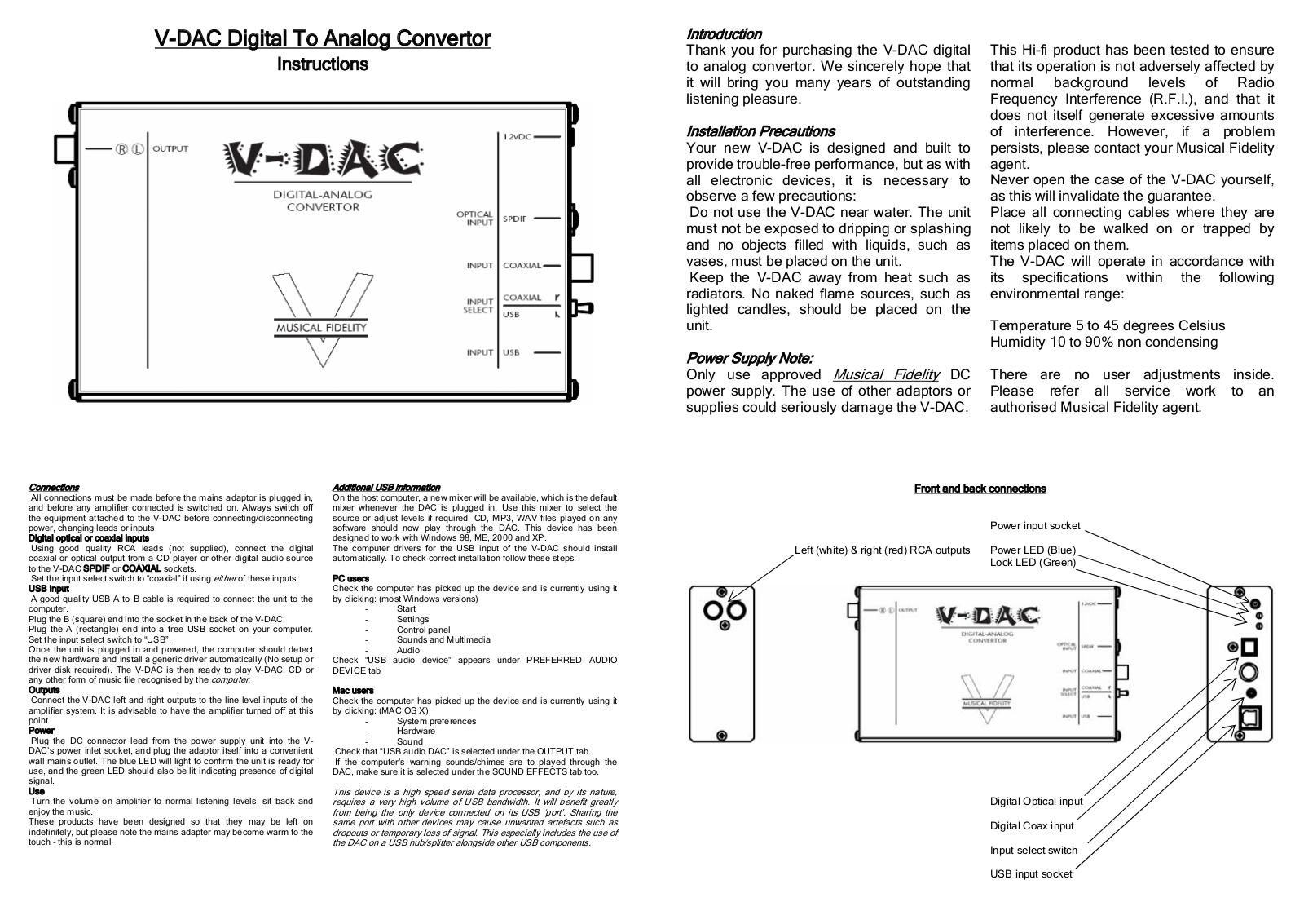 Musical Fidelity VDAC Owners manual