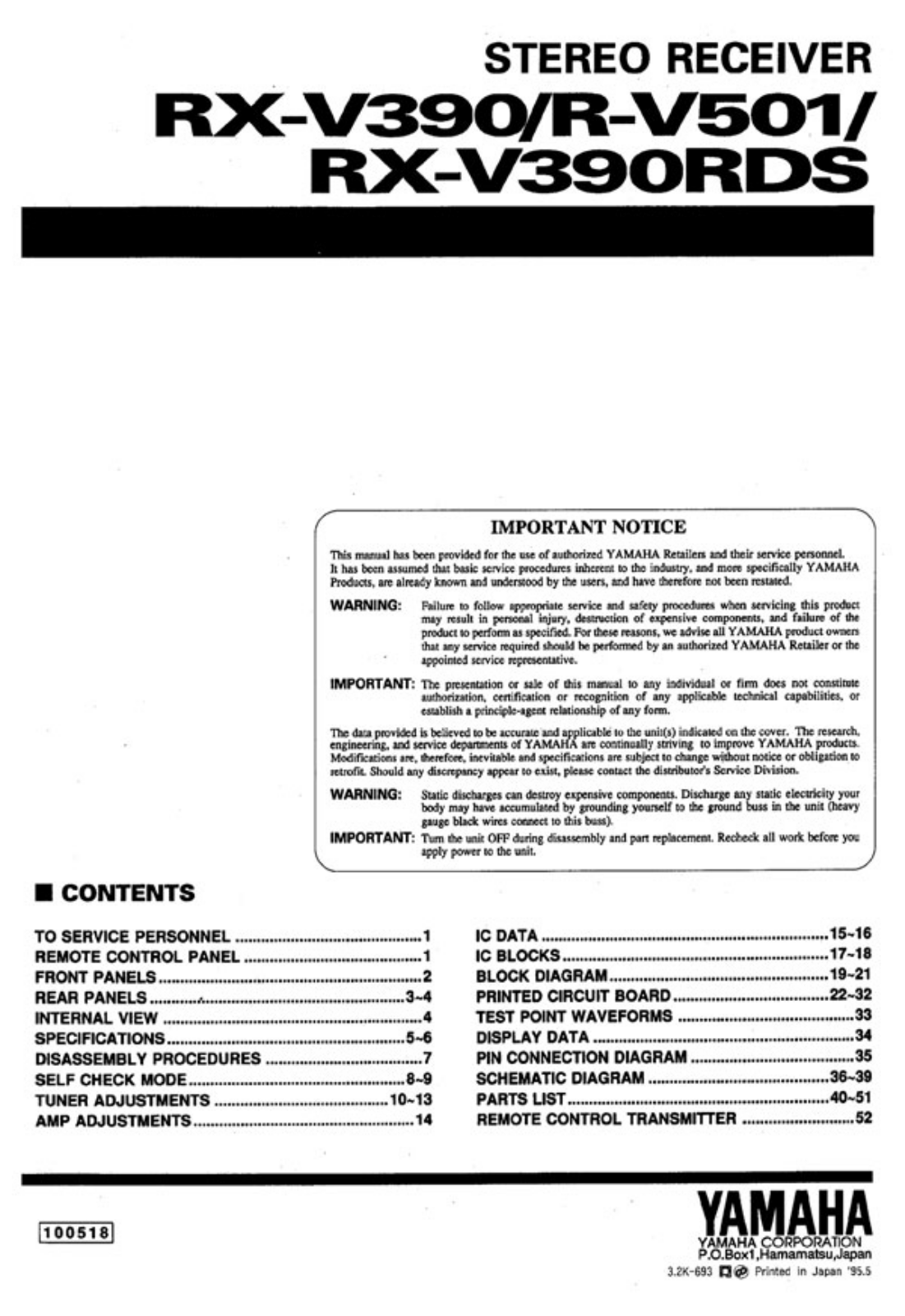 Yamaha RV-501, RXV-390-RDS Service Manual