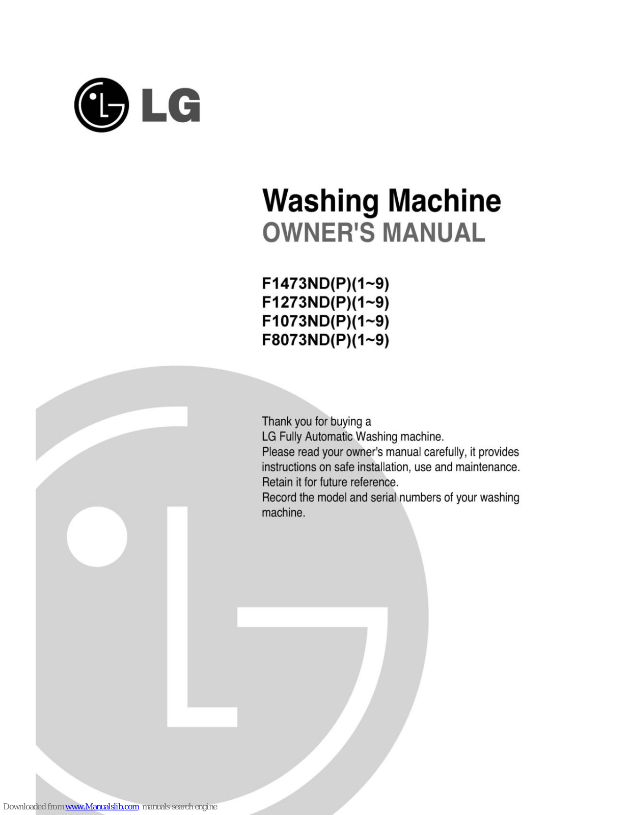 LG F1273ND, F1473ND1, F1073ND, F8073ND, F1473ND2 Owner's Manual