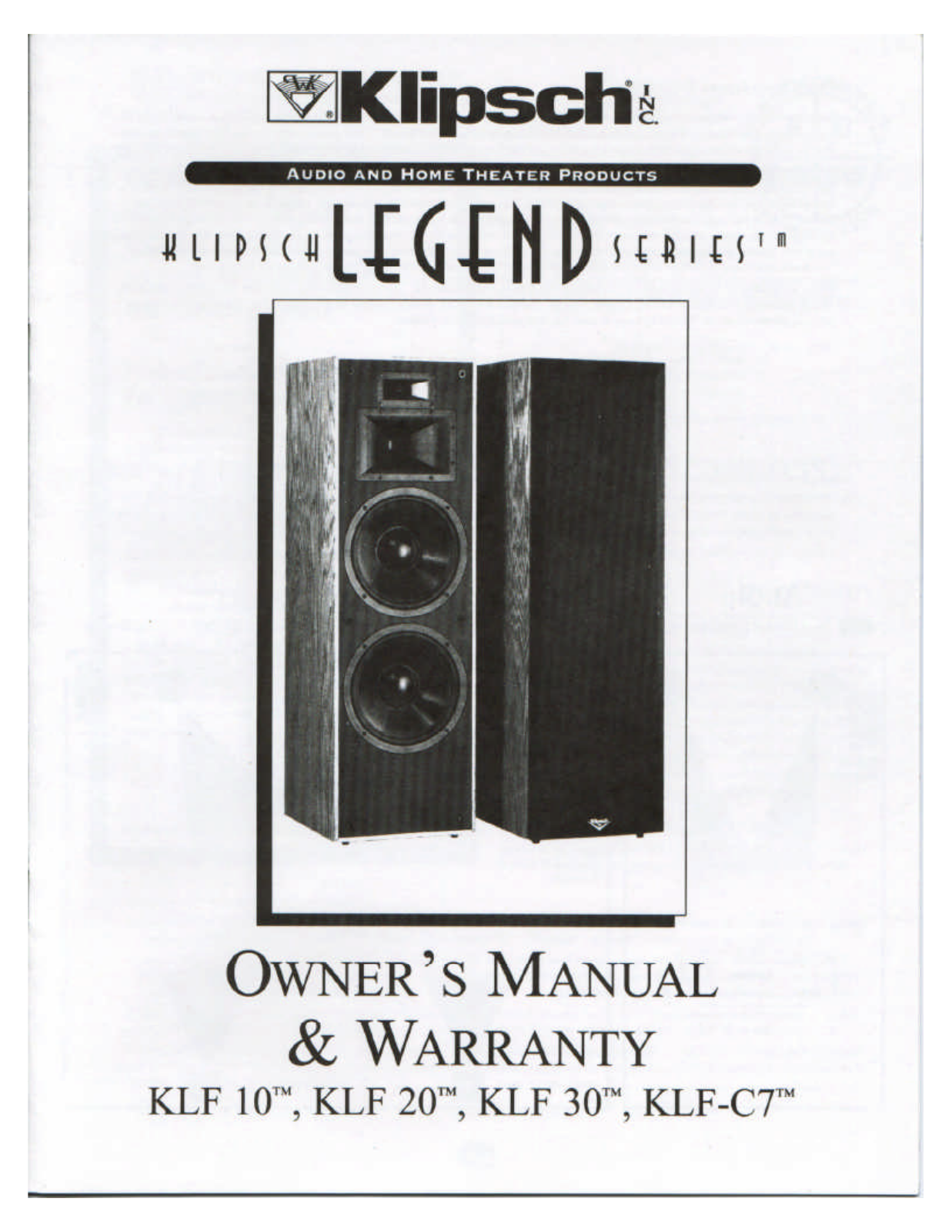 Klipsch KLF-C7, KLF-30, KLF-20, KLF-10 Owners Manual