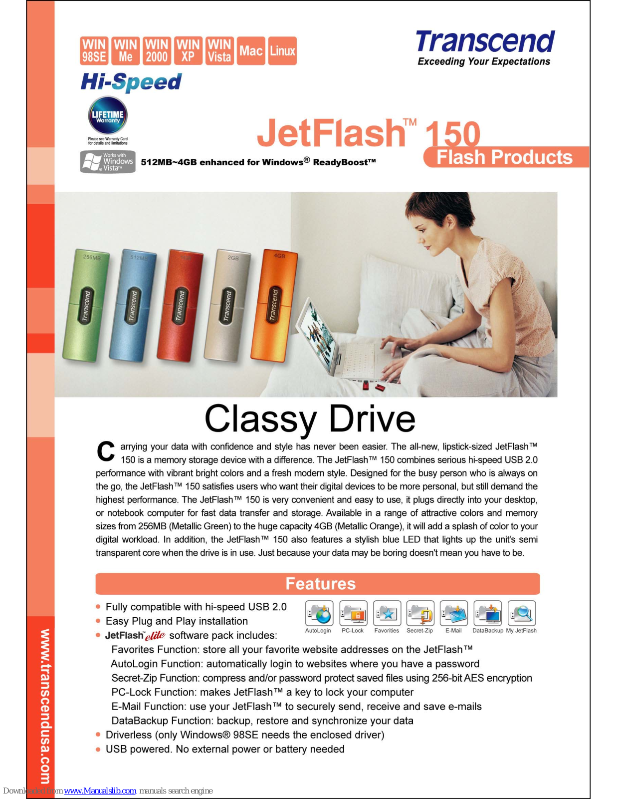 Transcend JetFlash 150 Specification Sheet - ManualMachine.com