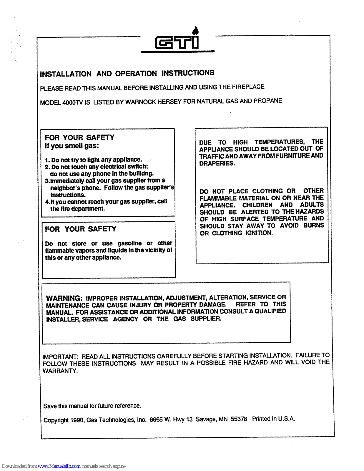 GTI 4000TV Installation And Operation Instructions Manual