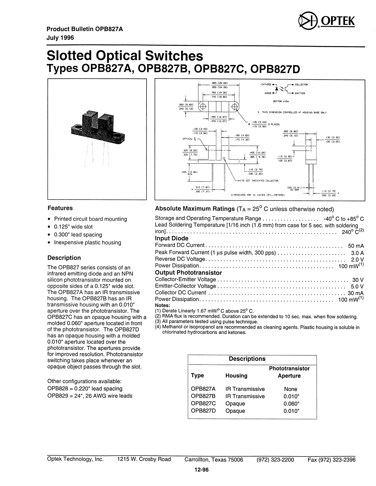 OPTEK OPB827A, OPB827D, OPB827C, OPB827B Datasheet