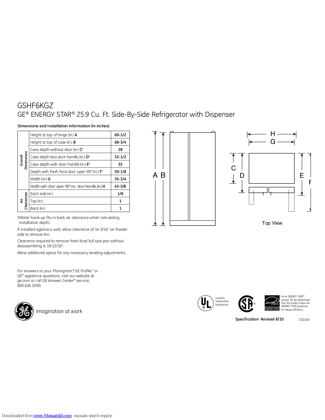 GE GSHF6KGZ, GSHF6KGZLS, GSHF6KGZBB, GSHF6KGZCC, GSHF6KGZWW Dimensions And Installation Information