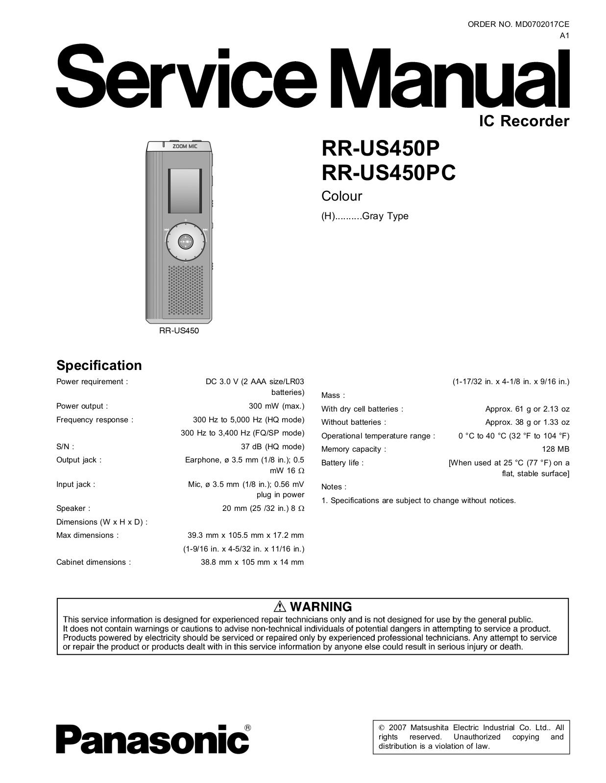 Panasonic RR-US450P Schematic