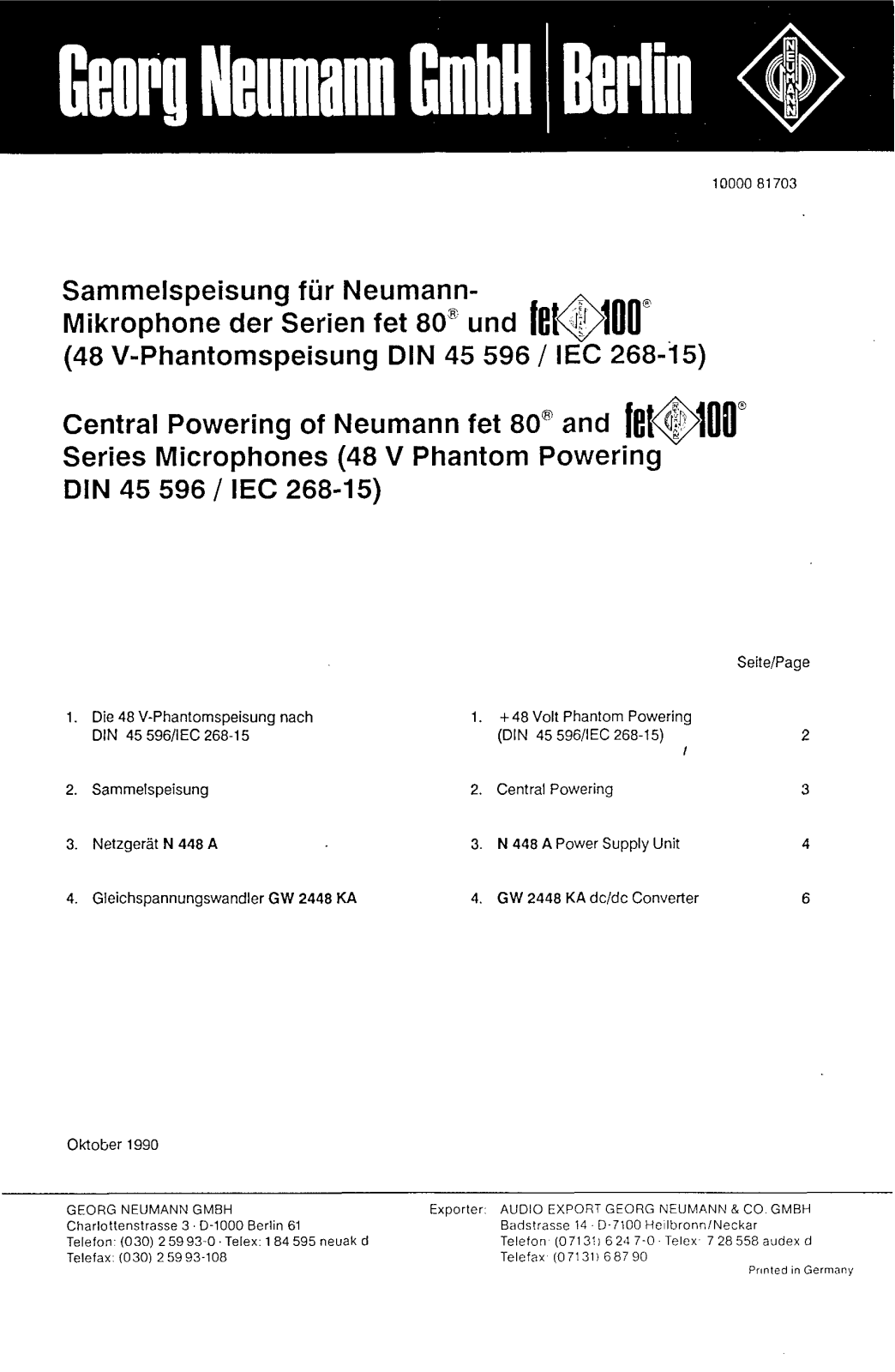 Neumann 80, Fet 100 User Manual