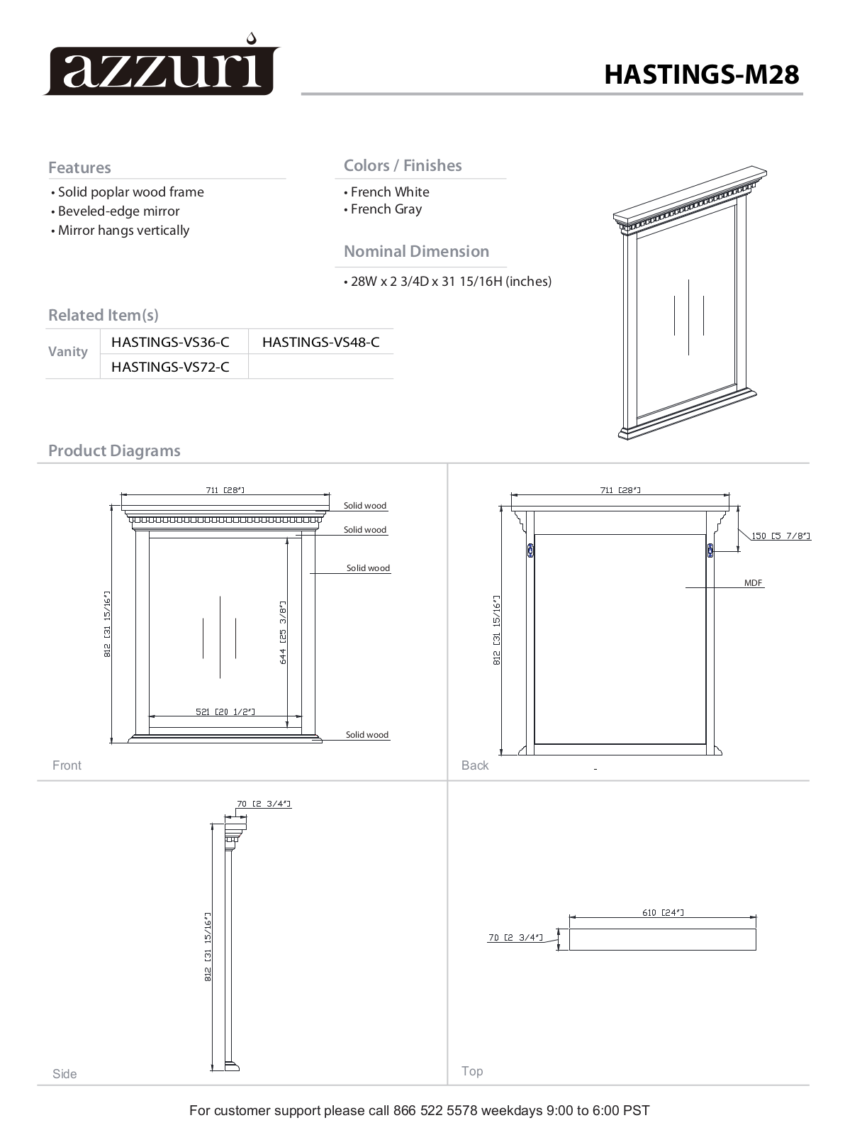 Azzuri HASTINGSM28FW, HASTINGSM28FG Specifications