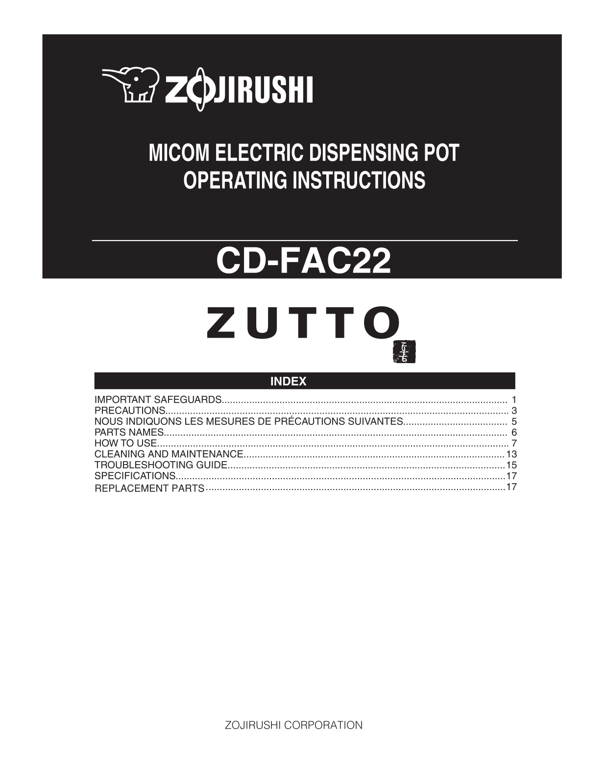 Zojirushi CD-FAC22 Owner's Manual