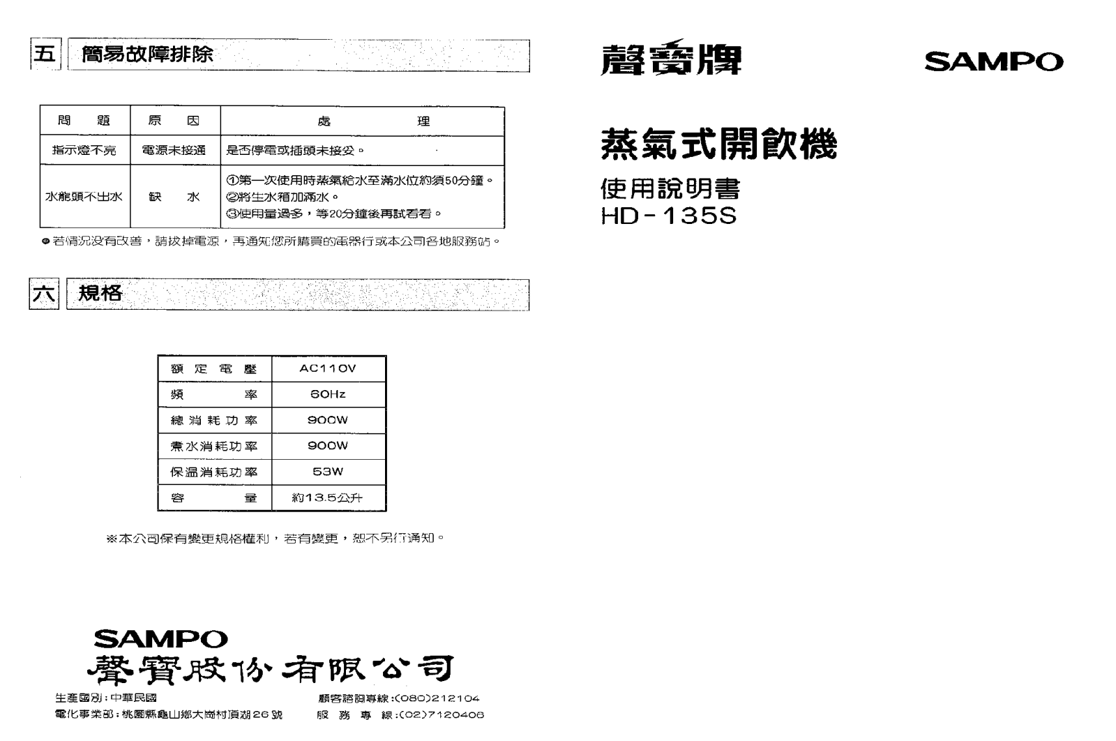 SAMPO HD-135S User Manual