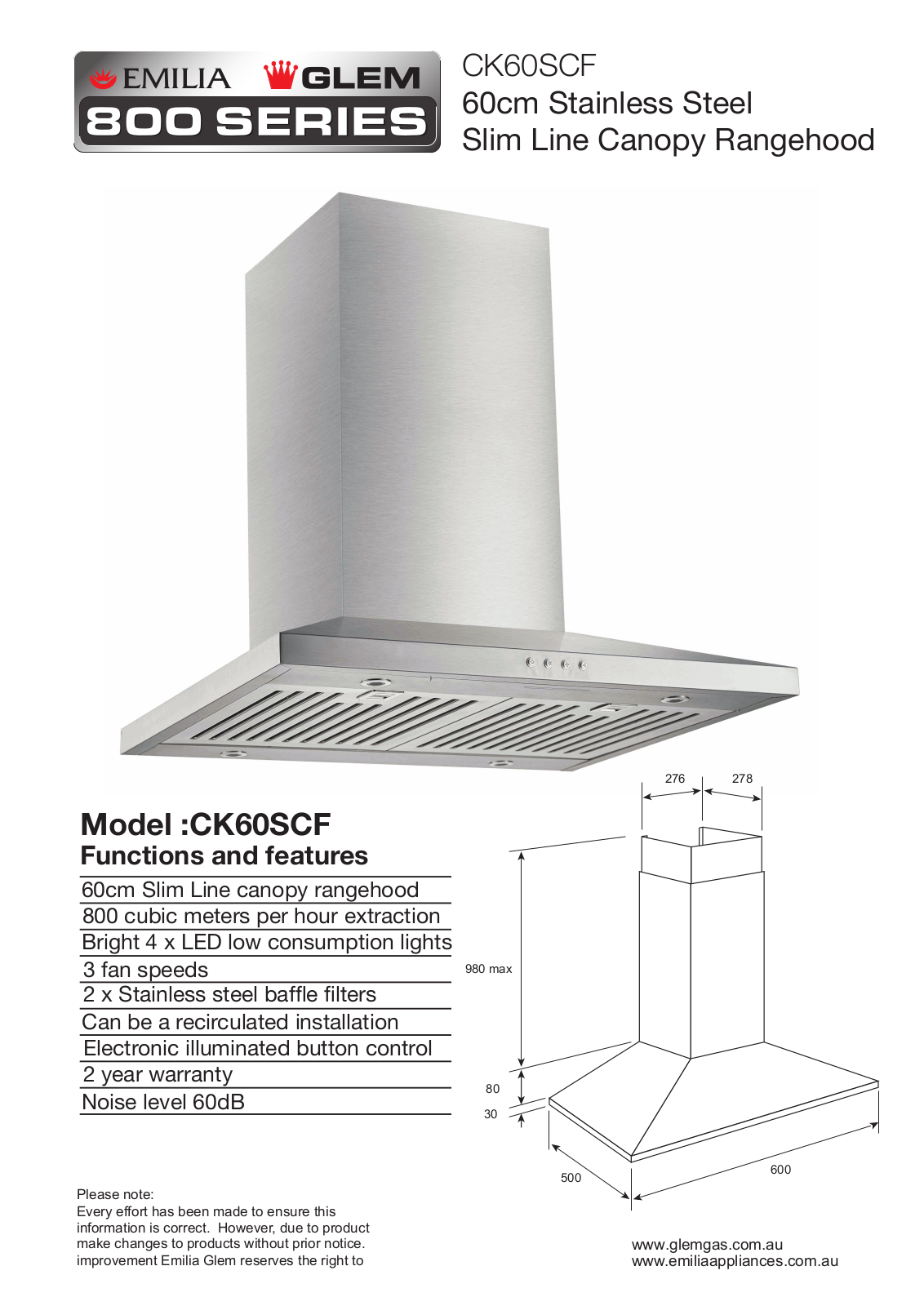 Emilia CK60SCF Specifications Sheet - ManualMachine.com