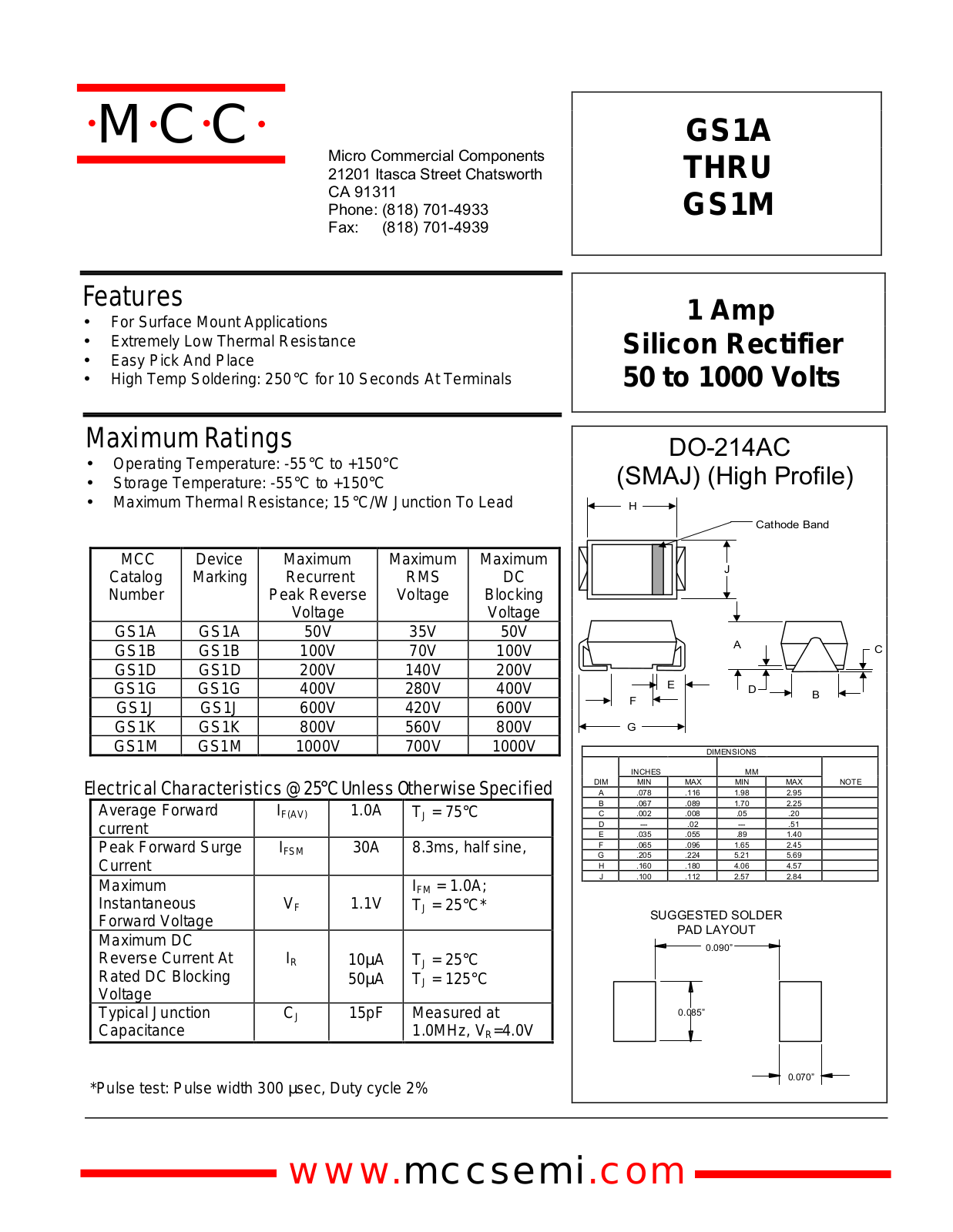 MCC GS1K, GS1J, GS1A, GS1D, GS1B Datasheet