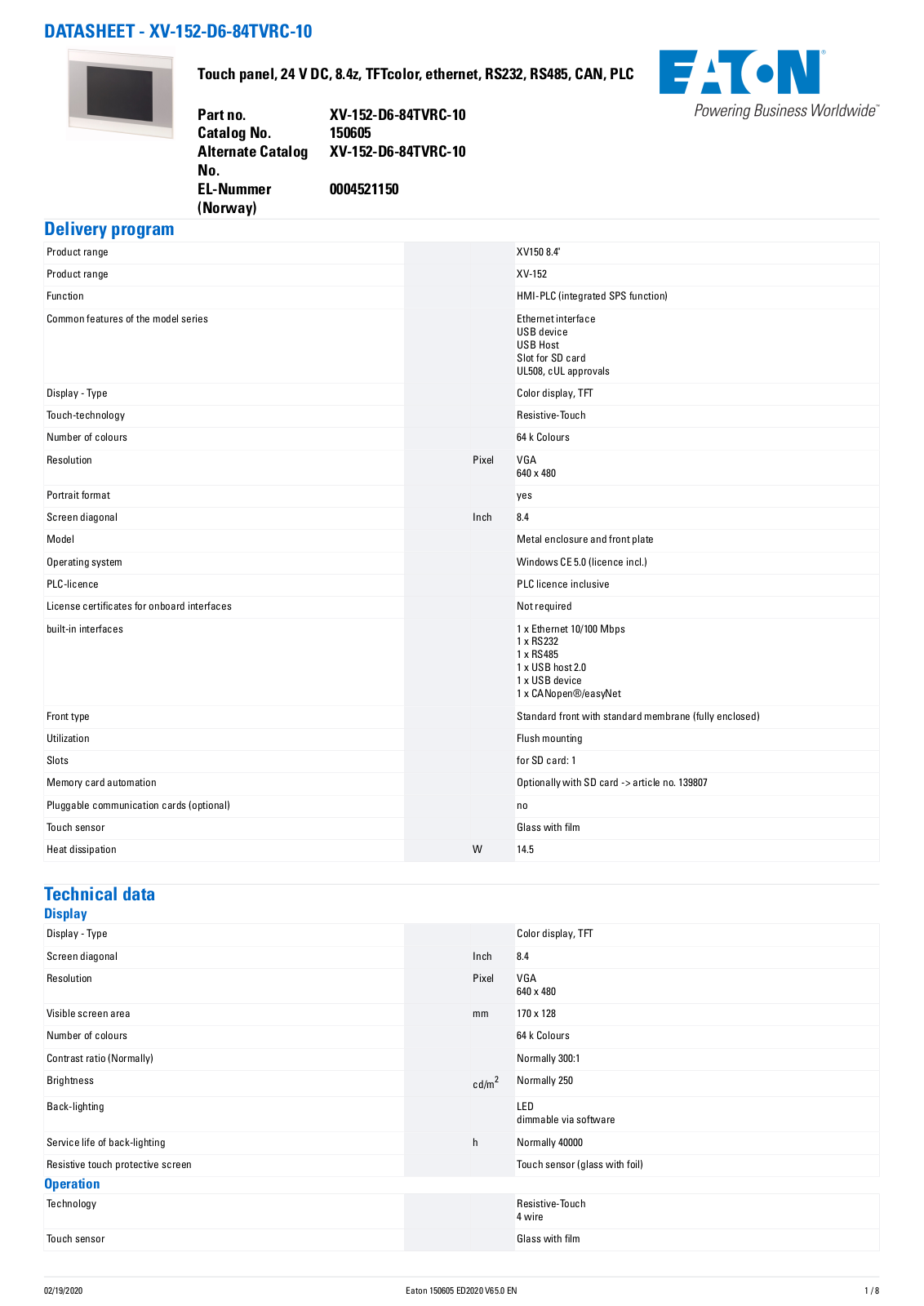 Cutler Hammer, Div of Eaton Corp XV-152-D6-84TVRC-10 Data Sheet