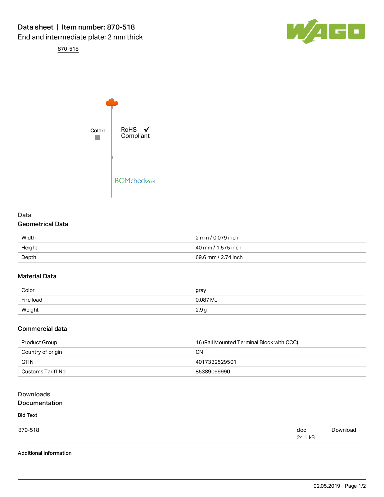 Wago 870-518 Data Sheet